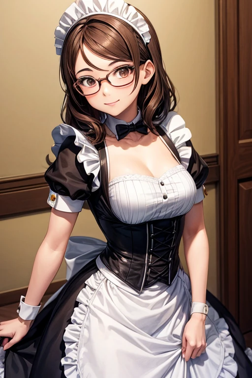 1 Girl, french maid outfit, stockings, garter, arm sleeves, short hair, wearing glasses, standing, surrealism, realistic, UHD, masterpiece