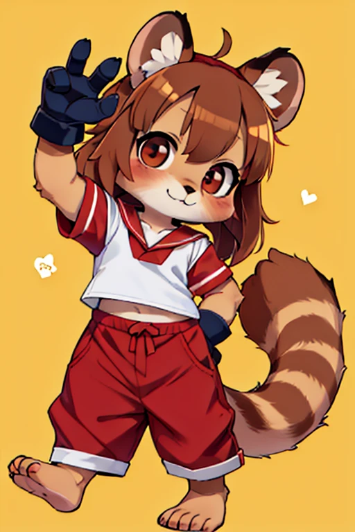 boy, tanuki, furry, bodyfur, tail, Sailor suit, short sleeve, jersey pants, long trousers, gloves, barefoot, chibi
