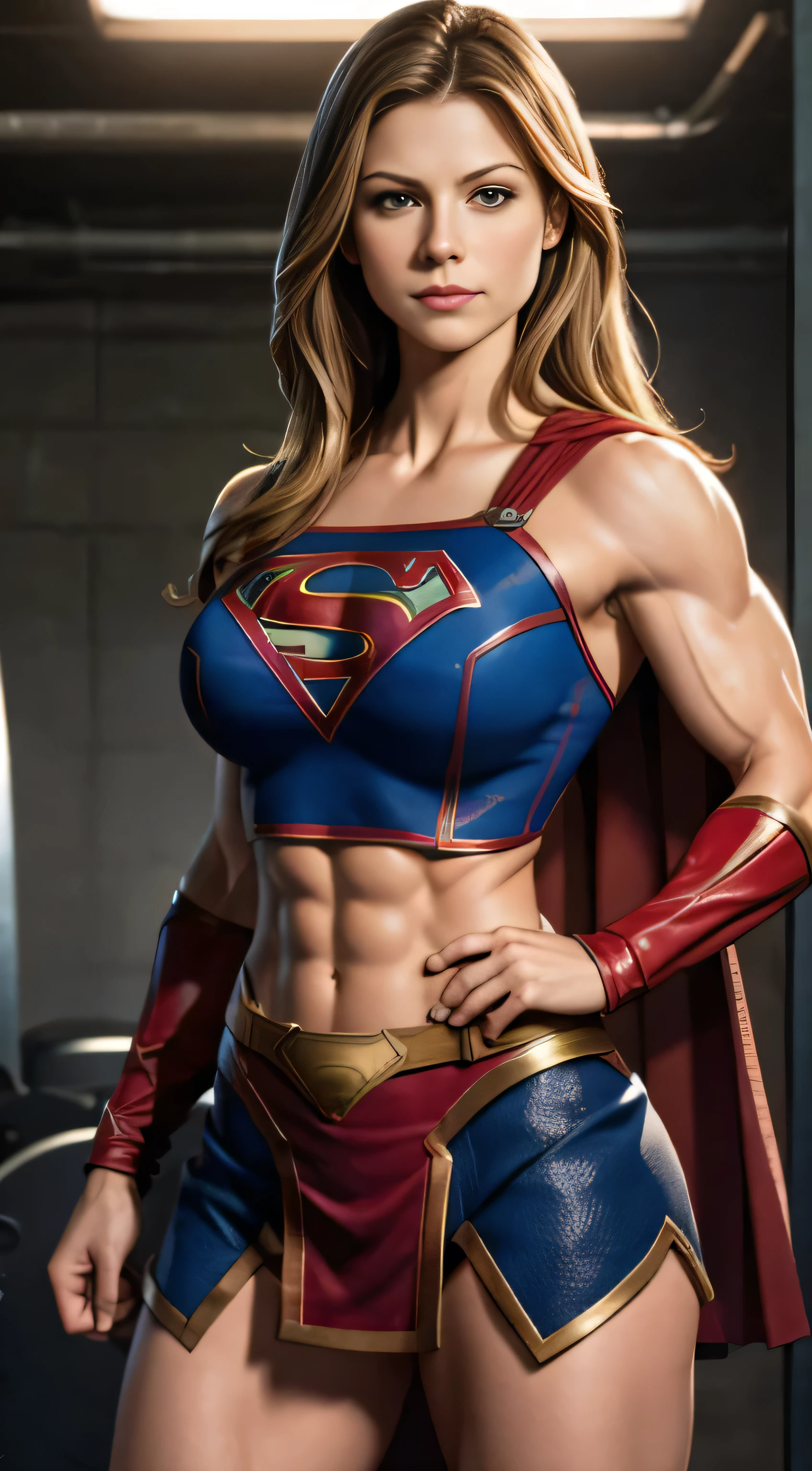 Super strong busty muscular CW Supergirl, super strong huge biceps, well toned strong abs, huge breasts, Melissa Benoist