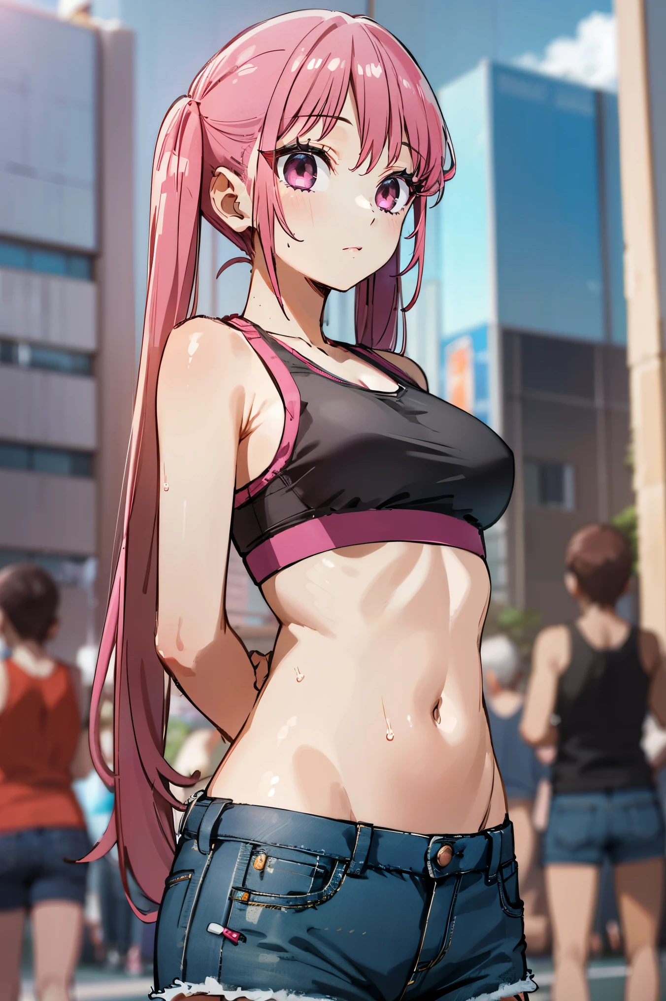 1girl, pink hair, twintail, wearing Sport Bra, denim shorts, very sweaty, city, absurdres, high res, ultrasharp, 8K, masterpiece, very details, looking at viewer, hands behind back
