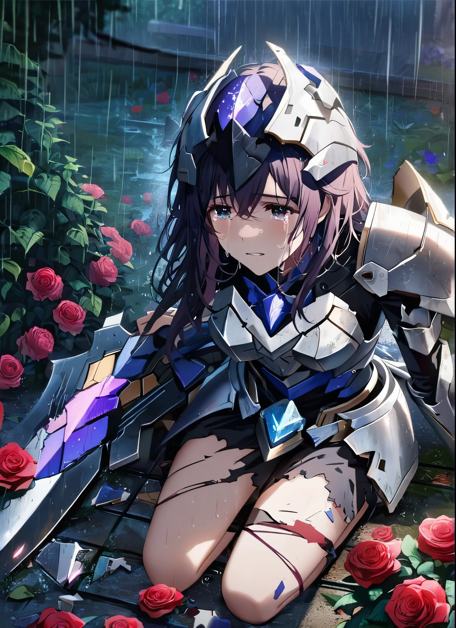 A girl, heartbroken, wearing a ultra shattered and ultra broken cute skimpy flame armor, lot of missing pieces, very damaged armor ,ripped clothes, broken helmet ,in tears, sad, dramatic scene, tears flowing in the face, garden, roses, rain, ultra detailed face, night, moonglow, light of the moon