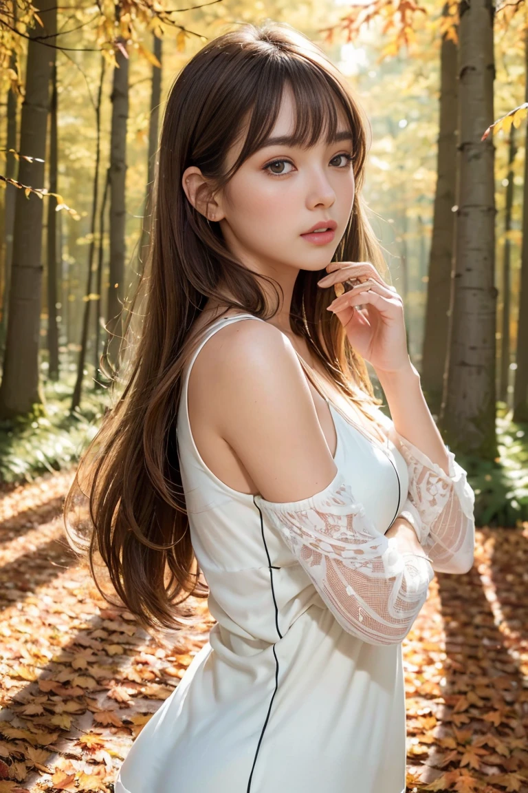 ((((Whole body 1.4)))),1 Female, Light brown hair, Blunt bangs, Hair behind the ear, Hair that falls over the shoulders, Long Hair, Slim figure, Ultra Fine Face, Thin face, Delicate lips, Beautiful Eyes, Light blush, eyes are light brown, Perfect glowing skin, Perfect Skin, Shining Sweat,Have a look at this, Ultra-thin needle, Very thin fingers:Realistic:1.3), (Autumnal Forest:1.4), Fujifilm, 8k, Whole body 1.4, Hmph, Super Detail, high quality, 最high quality, High resolution, ((Don&#39;t show your fingers))、Golden Hour　Beautiful light,  (White camisole)、((Checked mini skirt)) (Medium Size:1.4) (((positive image:1.3)))Bare legs