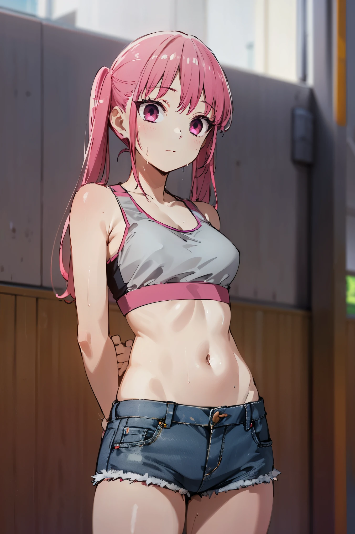 1girl, pink hair, twintail, wearing Sport Bra, denim shorts, very sweaty, city, absurdres, high res, ultrasharp, 8K, masterpiece, very details, looking at viewer, hands behind back