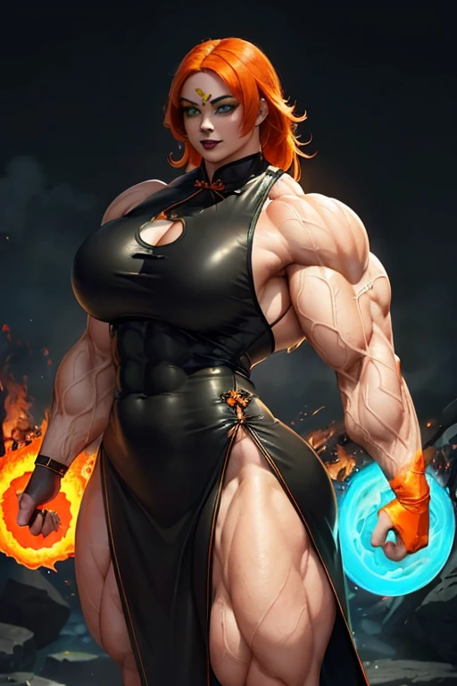 ((((Massive, beautiful, buff, pale white skinned, muscular woman with orange hair, black lipstick, glowing green eyes, ginormous bulky muscles, and wearing a beautiful long black leather cheongsam dress)))), close view, massive muscles, massive biceps, hyper muscle triceps, (shaggy long hair), green eyes, (studded wristband), high heels boots, (in a sea of orange flames), surrounded by orange fire, night, smirk, hyper muscles arms, hyper muscle legs, massive arms.