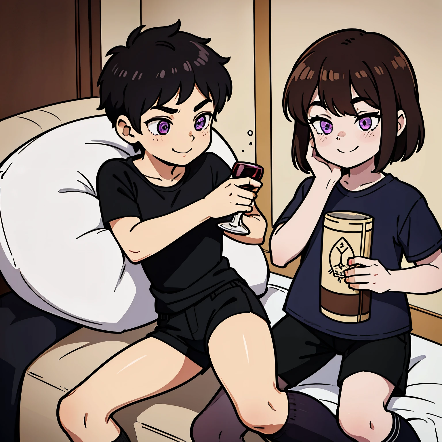 A -yeld boith brown hair and purple eyes with white skin wearing a black shirt and black shorts with long wine-colored socks with a smile