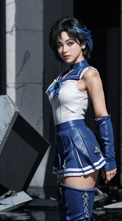 Unreal Engine:1.4,Ultra-high resolution,Best Quality:1.4, Realistic:1.4, Skin Texture:1.4, masterpiece:1.8, (Sailor Mercury:1.4), blue eyes, uniform, Tied up、両handを水平に広げる、Christ Pose、Large Breasts, tiara, Sailor Warrior Uniforms, (RAW Photos, Best Quality), masterpiece, foolish, sexy, Pelo azul corto floating, Blue sailor collar, (Over the knee boots: 1.4), choker, 白いhand袋, choker azul, 肘用hand袋, gem, Earrings, Blue Skirt:1.4, only, whole body, Shiny long black hair, (hand:1.4), Octane Rendering, God of Fire, (raindrop), Wet clothes, (Dense and beautiful water), (floating), Dynamic Angle, Browsing Caution,Best Quality,masterpiece,Ultra-high resolution,(Cowboy Shot:1.3),(Realistic:1.4),RAW Photos 8K,Cinema Lighting,Official Art,evening, //, Large Breasts,,hermosas feet,naked,Tall Woman,skinny,Delgado_feet,thigh_gap,(Watching the audience:1.2),model,thighs negros,Christ Pose,High heels,from the front,liar,show ,(Apocalyptic Destroyed City:1.4), ((Missionary anal penetration)),((feet abiertas)),((Extreme close up)),(Super detailed),Portraiture,(masterpiece),(Best Quality),(Super detailed),Professional Lighting, mercury