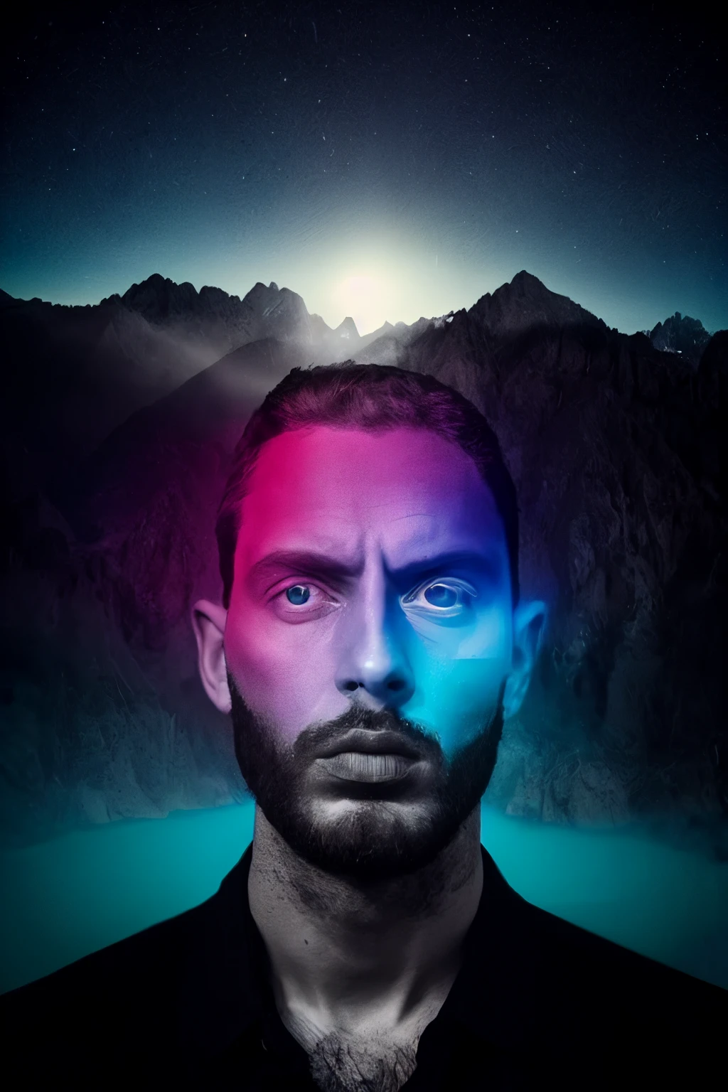 dreamlikeart, [light, paint, jwst, spiral galaxy, cosmic horrors beyond comprehension:ink, shadow,:0.25], big man, eyes, pupils, dublex, mountainous horizon, sun, [glitch|databending]
