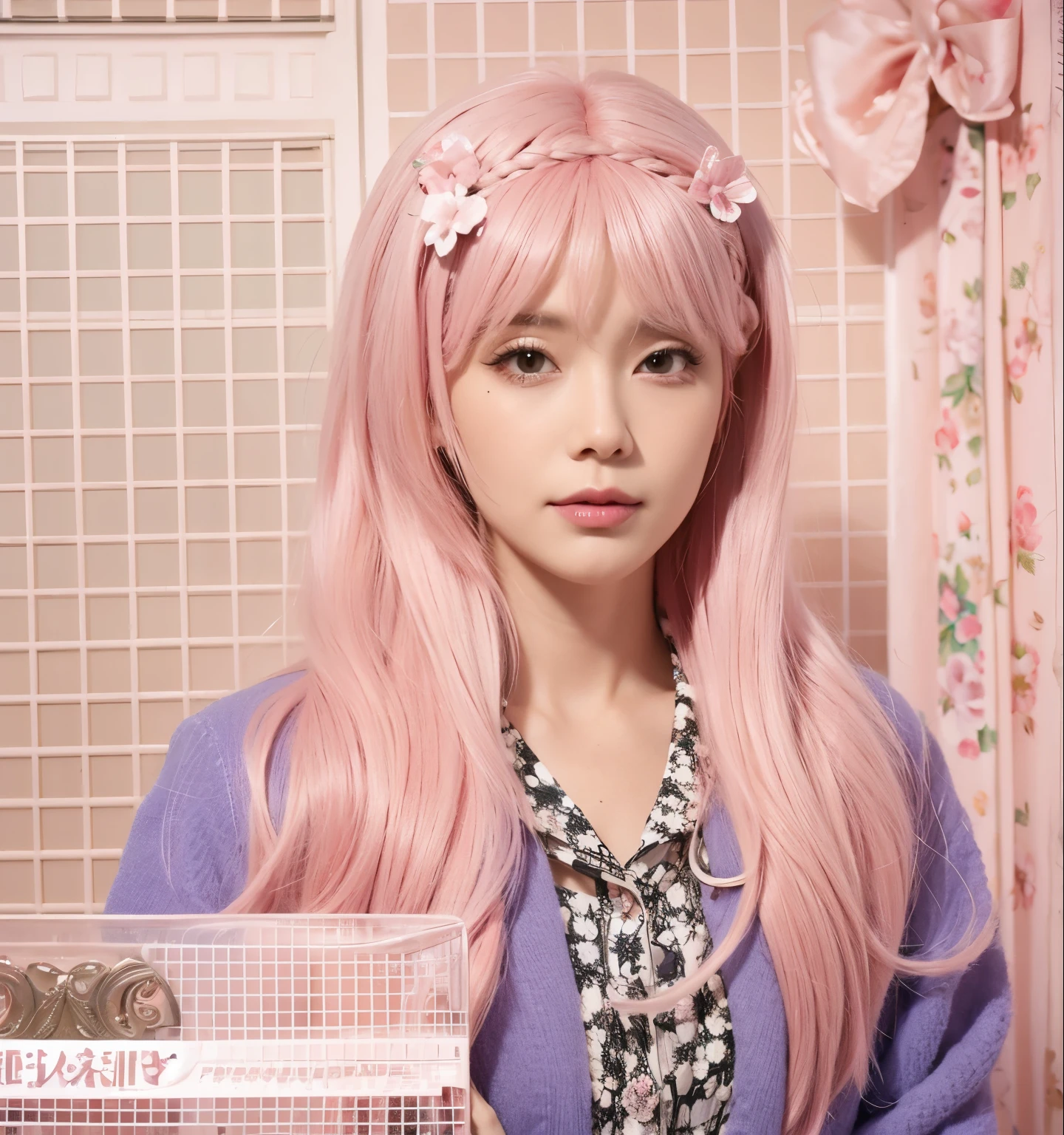 Pretty grandma, long hair,pink hair