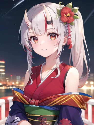 (masterpiece:1.3),((High resolution)),((high quality)),((Super detailed))、One girl、Perfect balance、((Upper Body))、Perfect Face、Detailed face、Cute face、beautiful詳細な目、Expressive eyes、Cute eyes、Shiny eyes、 alone,nakiri ayame, Long Hair, Side Ponytail, Iris New Year, red kimono, Floral print, Hair Flowers, sash, Wide sleeves, (Browsing Caution:1.4), (head shot)、Embarrassing、blush、beautiful女の子、Cute face、beautiful顔、Cute face、beautiful、Best Quality、Good anatomy、((smile:1.5))、((Super detailedな背景)),Mistress Pose,Night Sky,Meteors, ((8K Wallpaper)) , Watching the audience, Moody lighting, In-person audience