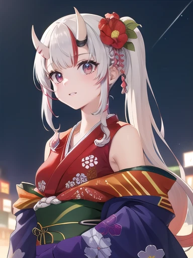 (masterpiece:1.3),((High resolution)),((high quality)),((Super detailed))、One girl、Perfect balance、((Upper Body))、Perfect Face、Detailed face、Cute face、beautiful詳細な目、Expressive eyes、Cute eyes、Shiny eyes、 alone,nakiri ayame, Long Hair, Side Ponytail, Iris New Year, red kimono, Floral print, Hair Flowers, sash, Wide sleeves, (Browsing Caution:1.4), (head shot)、Embarrassing、blush、beautiful女の子、Cute face、beautiful顔、Cute face、beautiful、Best Quality、Good anatomy、((smile:1.5))、((Super detailedな背景)),Mistress Pose,Night Sky,Meteors, ((8K Wallpaper)) , Watching the audience, Moody lighting, In-person audience