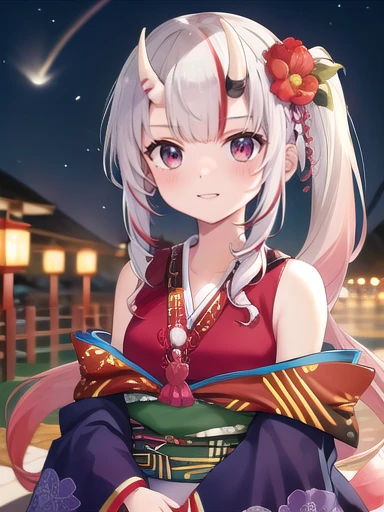 (masterpiece:1.3),((High resolution)),((high quality)),((Super detailed))、One girl、Perfect balance、((Upper Body))、Perfect Face、Detailed face、Cute face、beautiful詳細な目、Expressive eyes、Cute eyes、Shiny eyes、 alone,nakiri ayame, Long Hair, Side Ponytail, Iris New Year, red kimono, Floral print, Hair Flowers, sash, Wide sleeves, (Browsing Caution:1.4), (head shot)、Embarrassing、blush、beautiful女の子、Cute face、beautiful顔、Cute face、beautiful、Best Quality、Good anatomy、((smile:1.5))、((Super detailedな背景)),Mistress Pose,Night Sky,Meteors, ((8K Wallpaper)) , Watching the audience, Moody lighting, In-person audience