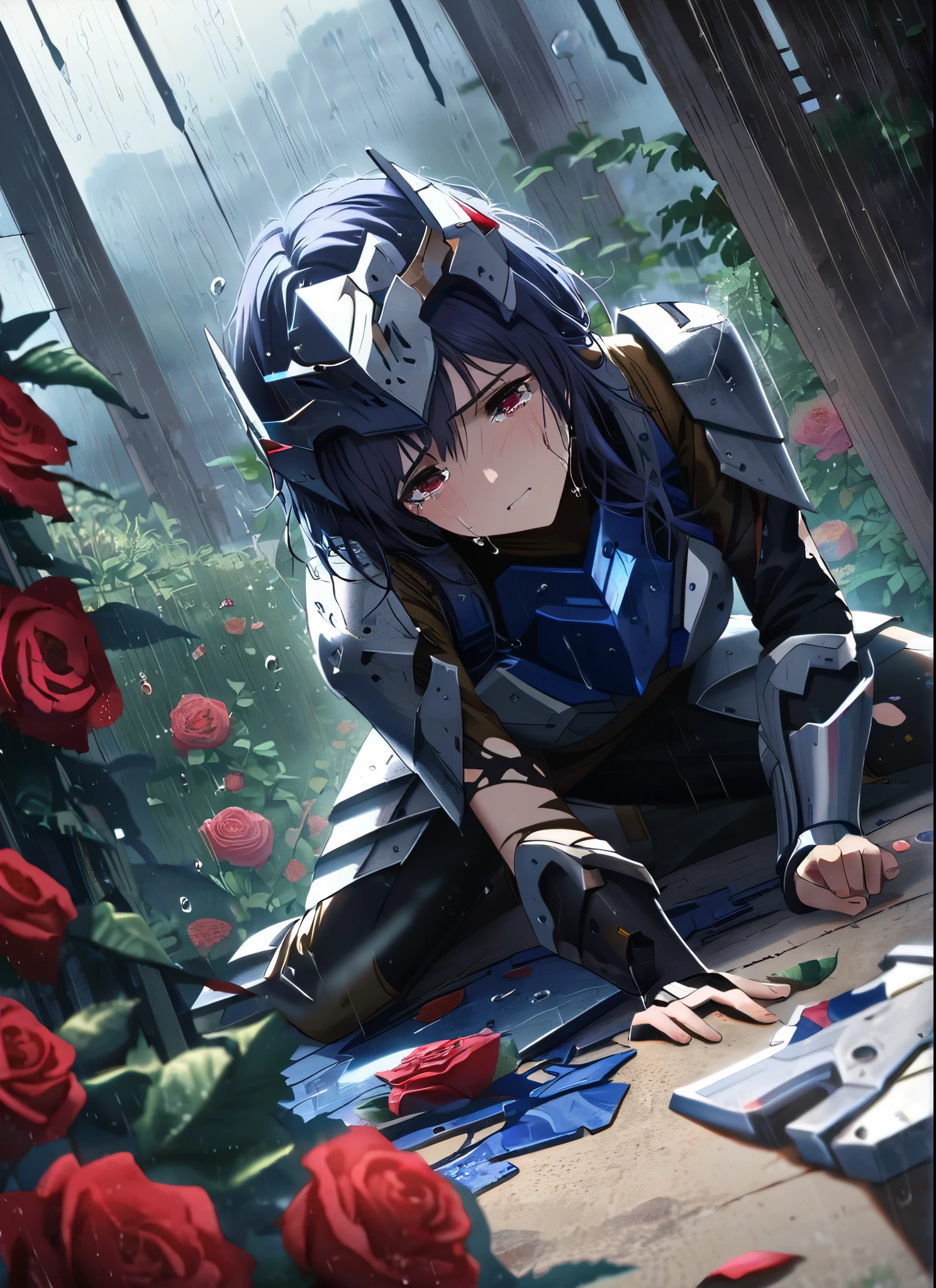 A girl, kneeling in the floor, wearing a shattered and broken angelical light armor, missing pieces ,ripped clothes, broken helmet ,broken shield and broken sword, in tears, sad, dramatic scene, tears flowing in the face, garden, roses, rain, ultra detailed face