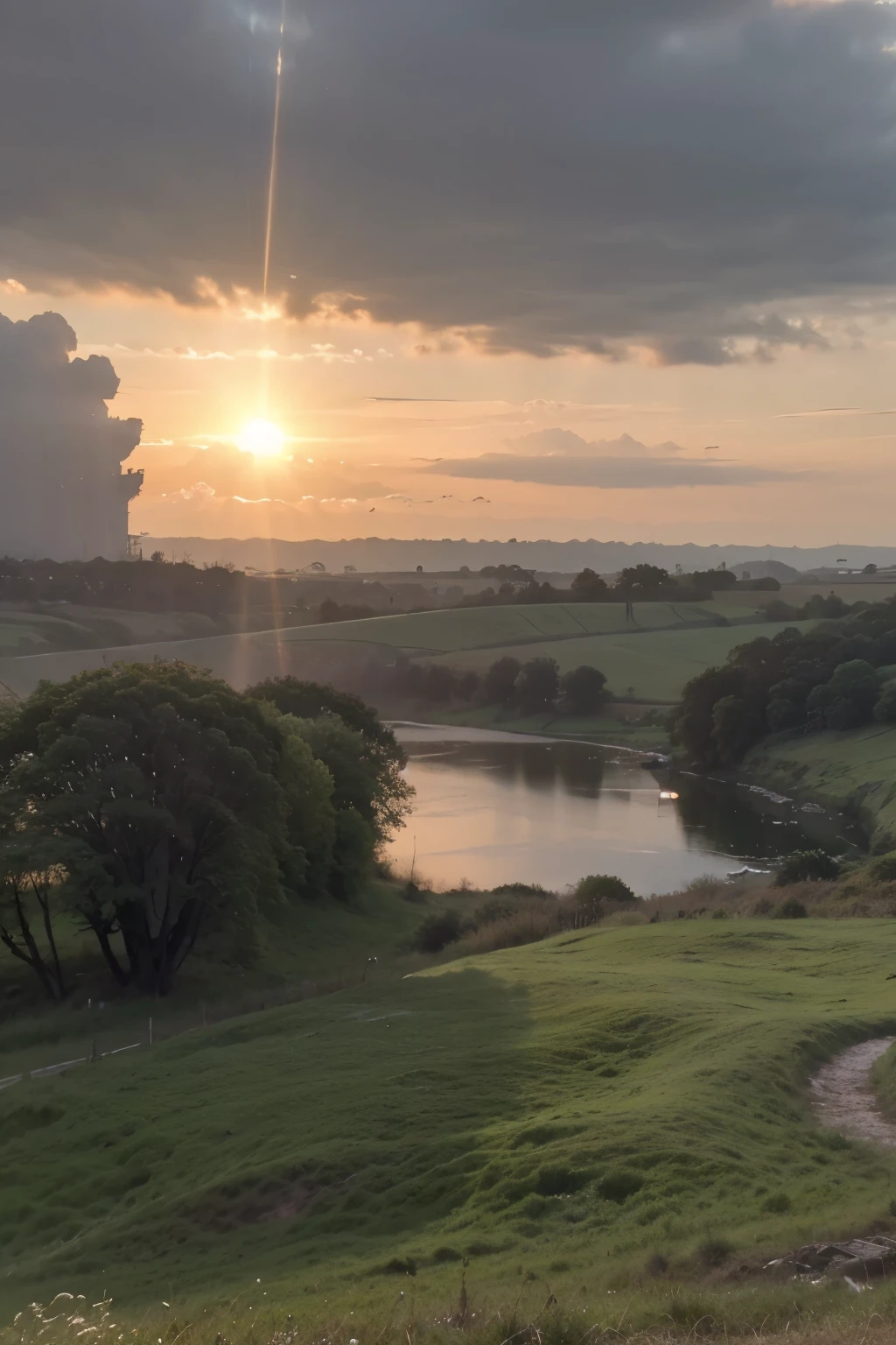 Wide shot of the sun breaking through the clouds, casting a warm glow over the now peaceful countryside.