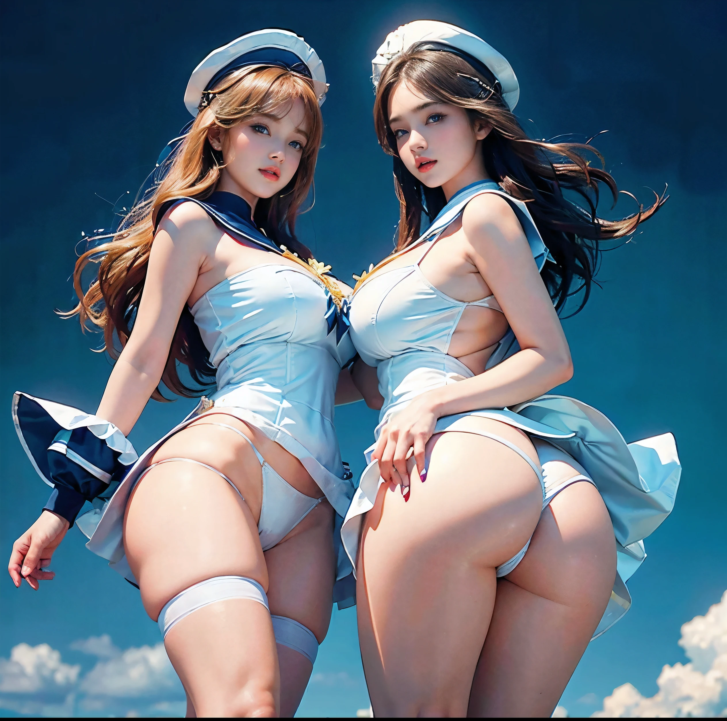 Highest quality, 8K quality, Masterpiece, Two busty women standing side by side, (Super big breasts compressed by clothes:1.2), Whitening skin, Sparkling Blue Eyes, Sailor collar mini dress, Above the knee, Skirtliftv1, (Protruding and accentuated booty), Super big breasts in a frontal view, (White panties), grabbing own ass