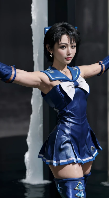 Unreal Engine:1.4,Ultra-high resolution,Best Quality:1.4, Realistic:1.4, Skin Texture:1.4, masterpiece:1.8, (Sailor Mercury:1.4), blue eyes, uniform, Tied up、両handを水平に広げる、Christ Pose、Large Breasts, tiara, Sailor Warrior Uniforms, (RAW Photos, Best Quality), masterpiece, foolish, sexy, Pelo azul corto floating, Blue sailor collar, (Over the knee boots: 1.4), choker, 白いhand袋, choker azul, 肘用hand袋, gem, Earrings, Blue Skirt:1.4, only, whole body, Shiny long black hair, (hand:1.4), Octane Rendering, God of Fire, (raindrop), Wet clothes, (Dense and beautiful water), (floating), Dynamic Angle, Browsing Caution,Best Quality,masterpiece,Ultra-high resolution,(Cowboy Shot:1.3),(Realistic:1.4),RAW Photos 8K,Cinema Lighting,Official Art,evening, //, Large Breasts,,hermosas feet,naked,Tall Woman,skinny,Delgado_feet,thigh_gap,(Watching the audience:1.2),model,thighs negros,Christ Pose,High heels,from the front,liar,show ,(Apocalyptic Destroyed City:1.4), ((Missionary anal penetration)),((feet abiertas)),((Extreme close up)),(Super detailed),Portraiture,(masterpiece),(Best Quality),(Super detailed),Professional Lighting, mercury