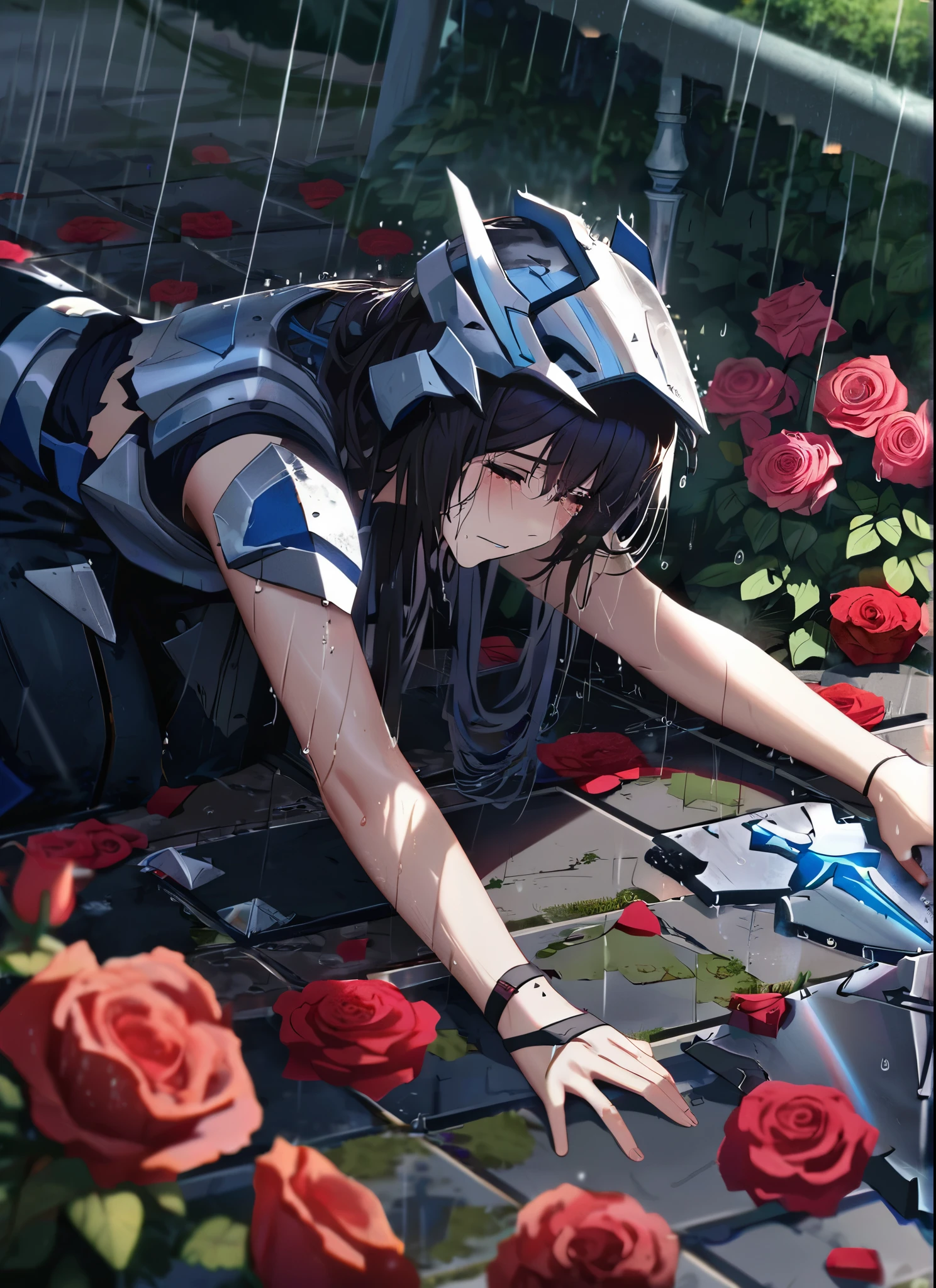 A girl, kneeling in the floor, wearing a shattered and broken angelical light armor, missing pieces ,ripped clothes, broken helmet ,broken shield and broken sword, in tears, sad, dramatic scene, tears flowing in the face, garden, roses, rain, ultra detailed face