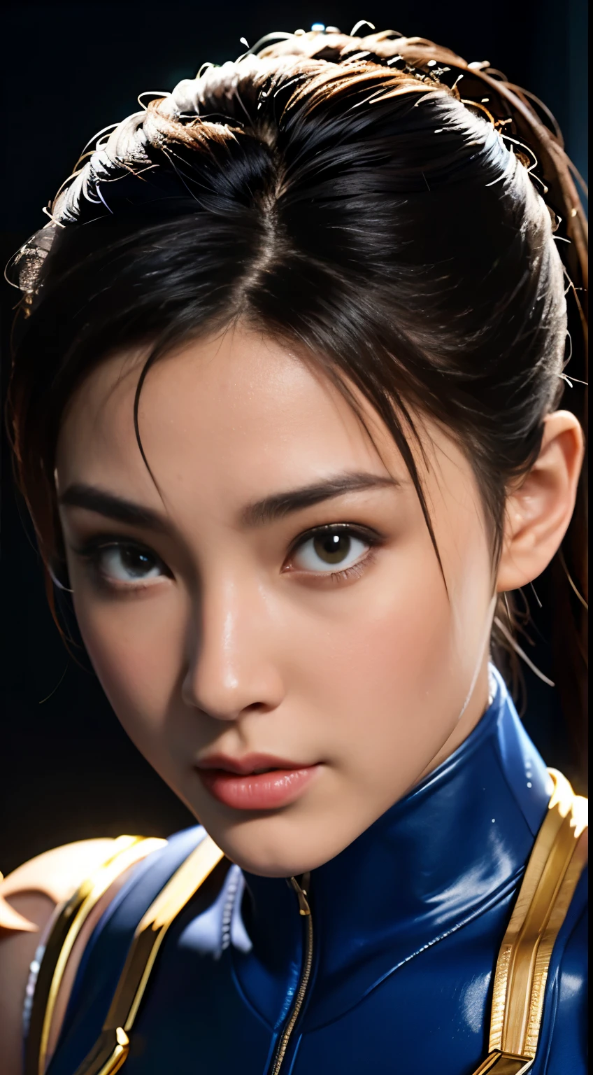 Chun- li, 3D，Fighting posture，tightsuit，Soft lighting, sexy, 4k, best quality, highly detailed background, extremely high-quality graphics, ultra detailed, 8K, Top Quality, Intricate Details, Ultra Detail, Ultra High Resolution, Masterpiece, random angle, detailed face, detailed breast, 1girl, cute girl