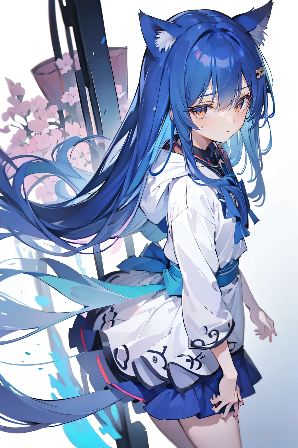 （masterpiece：1.2），Super detailed，lifelike，Expressive eyes，fair skin，perfect face shape，1 girl，
Japanese comics,Gorgeous blue hair,flowing blue hair,flowing clothes,Cat ears,Petals fall,beautiful lola,Baby Angel,
Shaking head with one hand，Cross your legs，Gentle and peaceful background，The pavilion is cool and comfortable,smile, wearing hoodie, background of tokyo,back views.