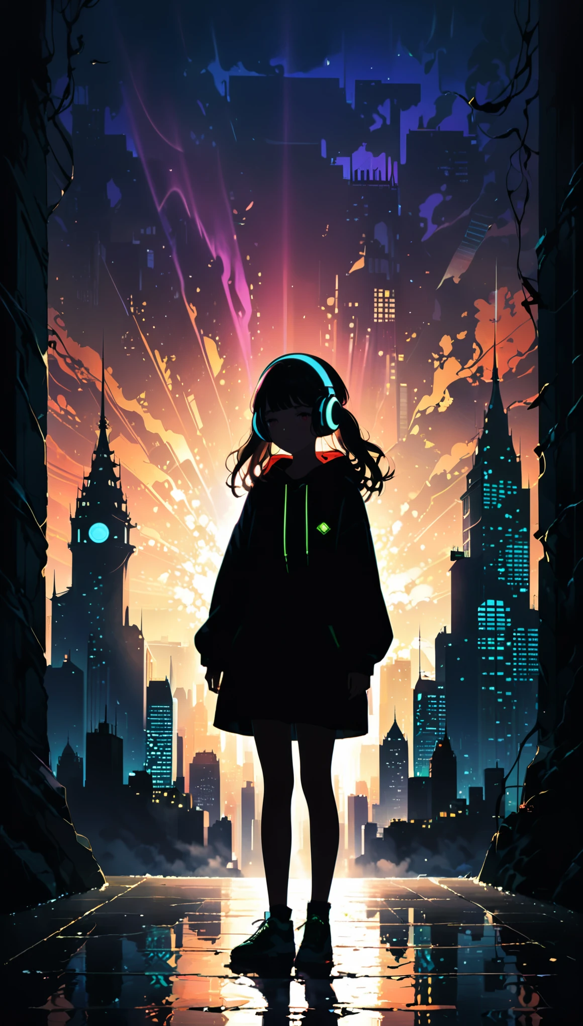 (artist by Jack Hughes:1.4),1girl,(wavy very long hair:1.3),(bright cityscape pattern on clothes:2.1),wide hood,hoodie,(headphones:1.2),silhoue1tte,
(skyline:1.2),(cityscape:1.4),(a big iron tower:1.3),Standing at the top of the tower,lavenderblush theme,(darkness:1.3),(silhouette:1.5),(Background with rich lines:1.5),(abstract background:1.6),detail glow red eyes,(looking the view:1.1),(Dark atmosphere,shadow,Silhouette,Minimalist style,dark,Very strong darkness:1.8),(dynamic_angle:1.2),(stylish_pose:1.6),glowneon,(dutch angle:1.2),
glowing,neon,(diffracted lightfog:1.8),hug your chest with one hand,volumetric,detailed,texture,(shadow:1.5),(bajifashien is loose and stylish:1.3),dynamic angle,rainbow hair,detailed cute anime face,((loli)),flower,cry,water,corrugated,flowers tire,broken glass,(broken screen),atlantis,transparent glass,curvy poseing,