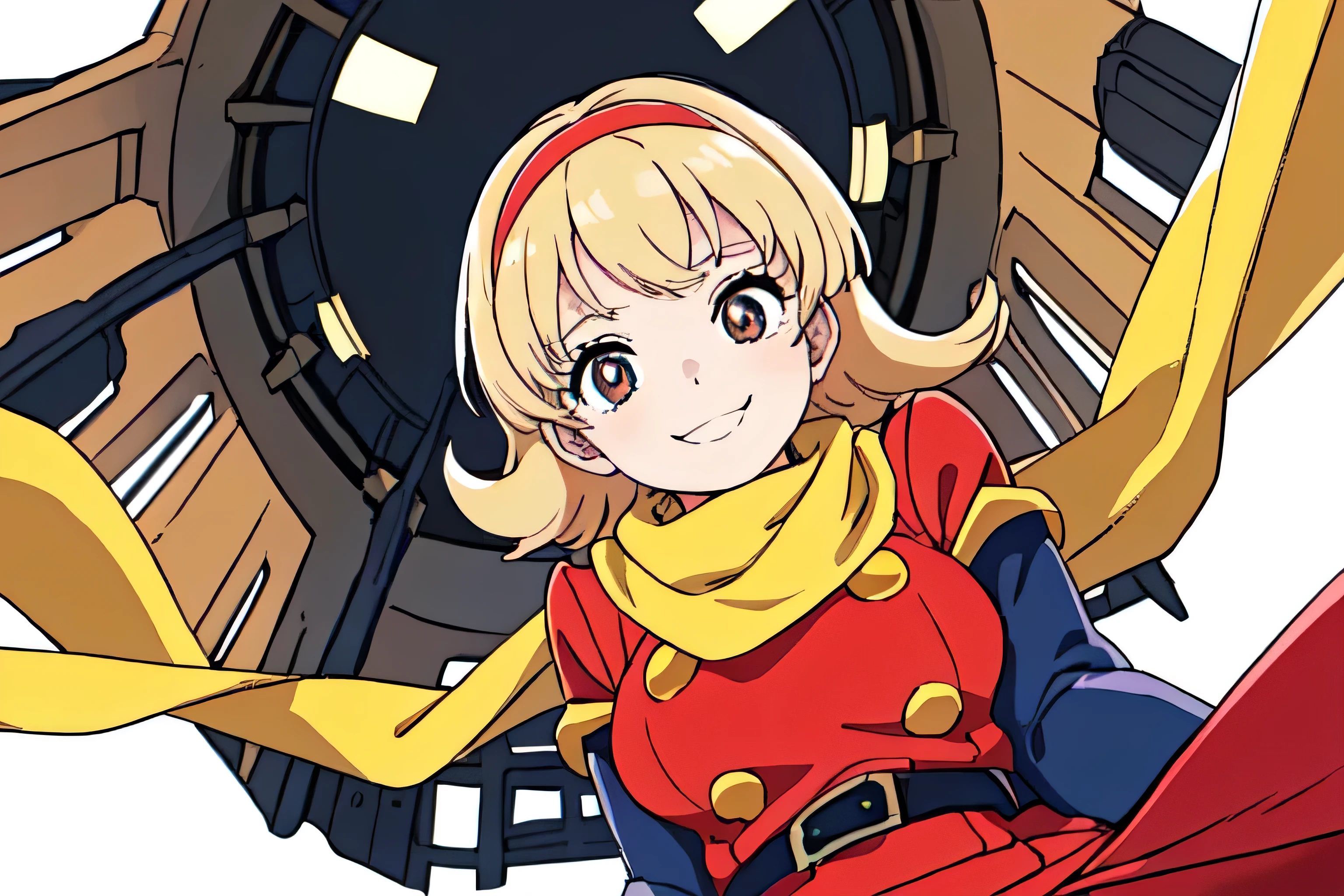 Cyborg 003, city, Red mini skirt,  Blonde, Yellow scarf, From below,(highest quality, masterpiece, RAW Photos,Very detailed:1.2), One girl,alone,View your viewers,  smile,  Cowboy Shot, Skirt Hold, Pure White Panties, Thighs,Sitting,Very detailedCG, (Perfect hands, Perfect Anatomy), View your viewers, Center the image, (upper_body), Official Art, (From below:1.5), (Low Perspective:1.5)