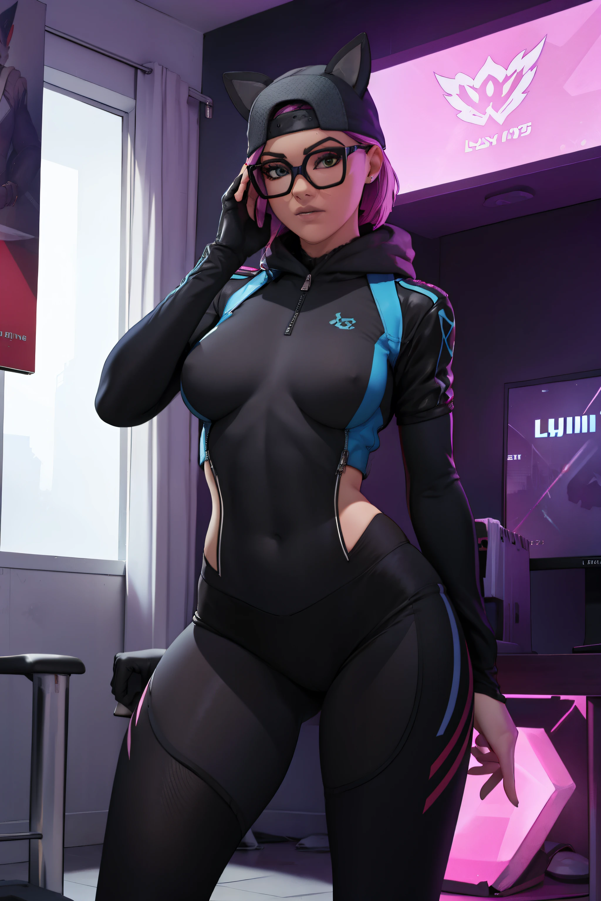 Gaming Zone Lynx Negro guantes sin dedos, leggins black and blue, gafas