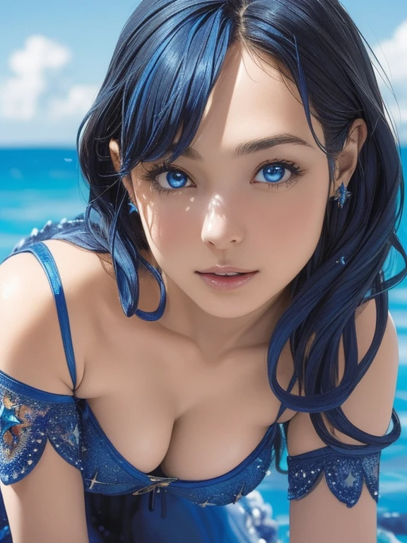 "(best quality,ultra-detailed,realistic:1.37),Latin goddess resembling the beauty of the language, optimistic and fair-minded, intriguing and intellectual face, daring, ruthless, impatient, overconfident style, intense blue eyes (detailed eyes), deep blue curly hair, transparent dress, on the sea with stars, full figure, fiery nature, godlike presence."