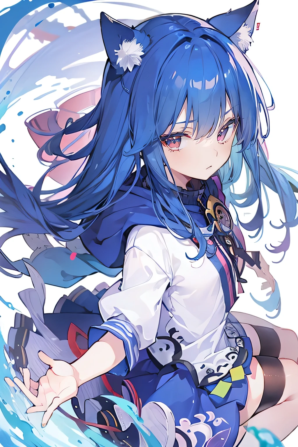 (masterpiece:1.2),Super detailed,lifelike,Expressive eyes,fair skin,perfect face shape,1 girl,
Japanese comics,Gorgeous blue hair,flowing blue hair,flowing clothes,Cat ears,Petals fall,beautiful lola,Baby Angel,
Shaking head with one hand,Cross your legs,Gentle and peaceful background,The pavilion is cool and comfortable,smile, wearing hoodie, background of tokyo,back views.
