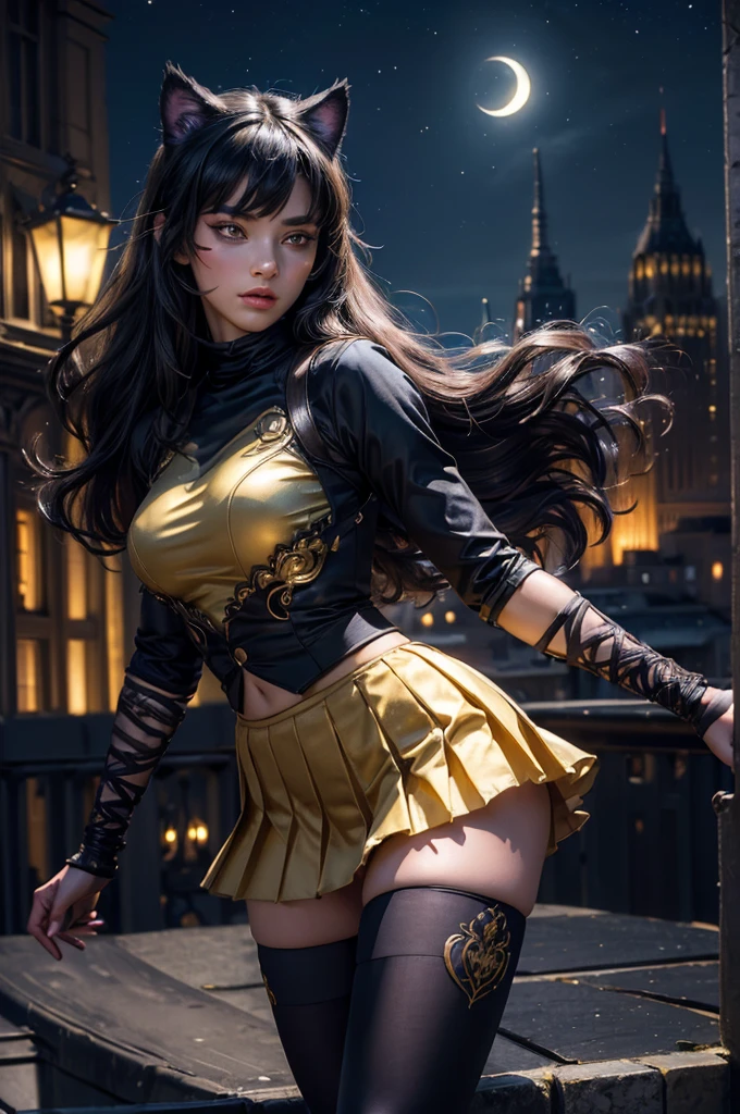 (masterpiece,stunning girlfriend, (standing:1.1), dynamic pose, heart shaped face, elegant face, beautiful face, highly detailed face, highly detailed skin, skin pores, subsurface scattering, realistic pupils, looking at viewer, full lips, detailed background, depth of field, atmospheric perspective, volumetric lighting, sharp focus, absurdres, realistic proportions, good anatomy, (realistic, hyperrealistic:1.4), 16k hdr, (masterpiece, best quality), intricate details, 1girl, blake_belladonna, gmuniform, pleated skirt, blue thighhighs, black and gold uniform, standing on rooftop, city, night, stars, moon, streetlights