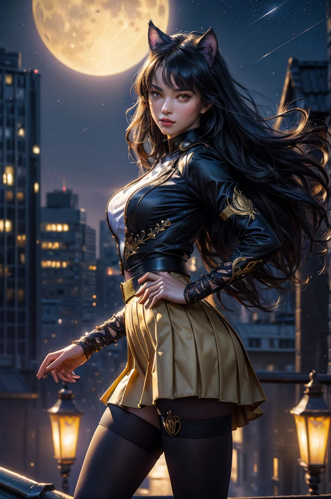 (masterpiece,stunning girlfriend, (standing:1.1), dynamic pose, heart shaped face, elegant face, beautiful face, highly detailed face, highly detailed skin, skin pores, subsurface scattering, realistic pupils, looking at viewer, full lips, detailed background, depth of field, atmospheric perspective, volumetric lighting, sharp focus, absurdres, realistic proportions, good anatomy, (realistic, hyperrealistic:1.4), 16k hdr, (masterpiece, best quality), intricate details, 1girl, blake_belladonna, gmuniform, pleated skirt, blue thighhighs, black and gold uniform, standing on rooftop, city, night, stars, moon, streetlights