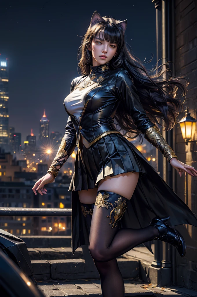 (masterpiece,stunning girlfriend, (standing:1.1), dynamic pose, heart shaped face, elegant face, beautiful face, highly detailed face, highly detailed skin, skin pores, subsurface scattering, realistic pupils, looking at viewer, full lips, detailed background, depth of field, atmospheric perspective, volumetric lighting, sharp focus, absurdres, realistic proportions, good anatomy, (realistic, hyperrealistic:1.4), 16k hdr, (masterpiece, best quality), intricate details, 1girl, blake_belladonna, gmuniform, pleated skirt, blue thighhighs, black and gold uniform, standing on rooftop, city, night, stars, moon, streetlights