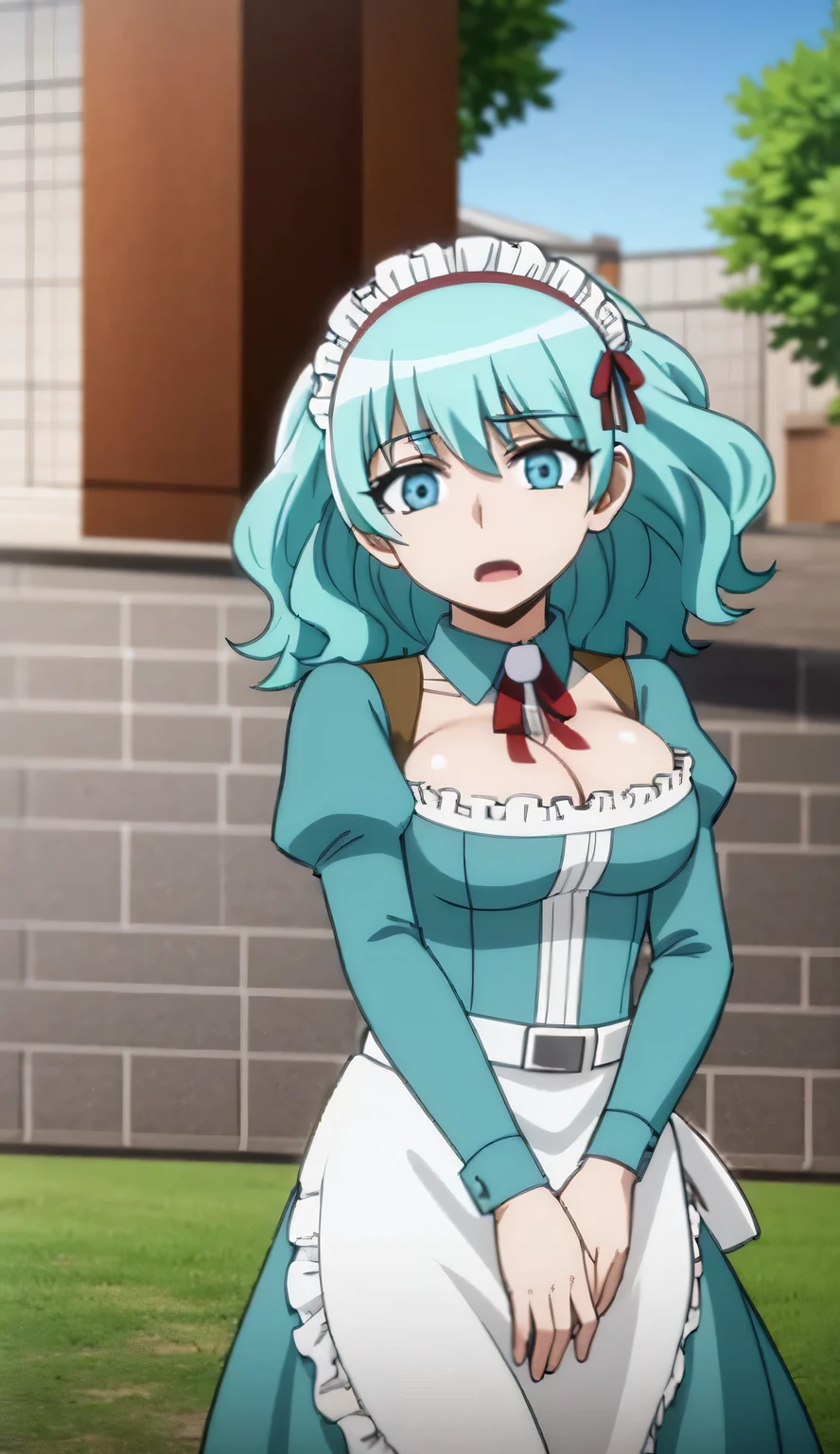 photorealistic, (4k), depth of field, (Masterpiece), (realistic skin texture), extremely detailed, intricate, hyper detailed, professional photography, bokeh, high resolution, sharp detail, best quality, girl, aqua hair, blue eyes, aqua maid dress, maid headdress, frills, apron, . dynamic pose, outdoors, park, light rays, grass, (park bench:1.3),