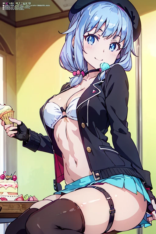 (from below:1.2),(from side:0.9), ((beautiful Face)), (Close-Up:0.6), ((looking at viewer, holding a icecream)),(Italian sweets magazine cover:1.4), highest quality、(real、photorealistic:1.5),(ultra high resolution,dark blue hair,long hair,side ponytail,hair between eyes,bangs, (beret, black jacket, open clothes, cleavage, midriff, black perfect mini skirt, black thighhighs, thigh strap, fingerless gloves, single glove:1.2), (double breasted,under bust:1.2), sitting at a table, cute, anime visual of a cute girl, cute anime girl, eating cakes, young anime girl, guweiz, high quality anime artstyle, anime girl, artwork in the style of guweiz, beautiful anime girl, pretty anime girl, (anime girl), official artwork,(with sparkling eyes and a contagious smile),her thin pubic hair, looking at viewer, pose muy sexy"