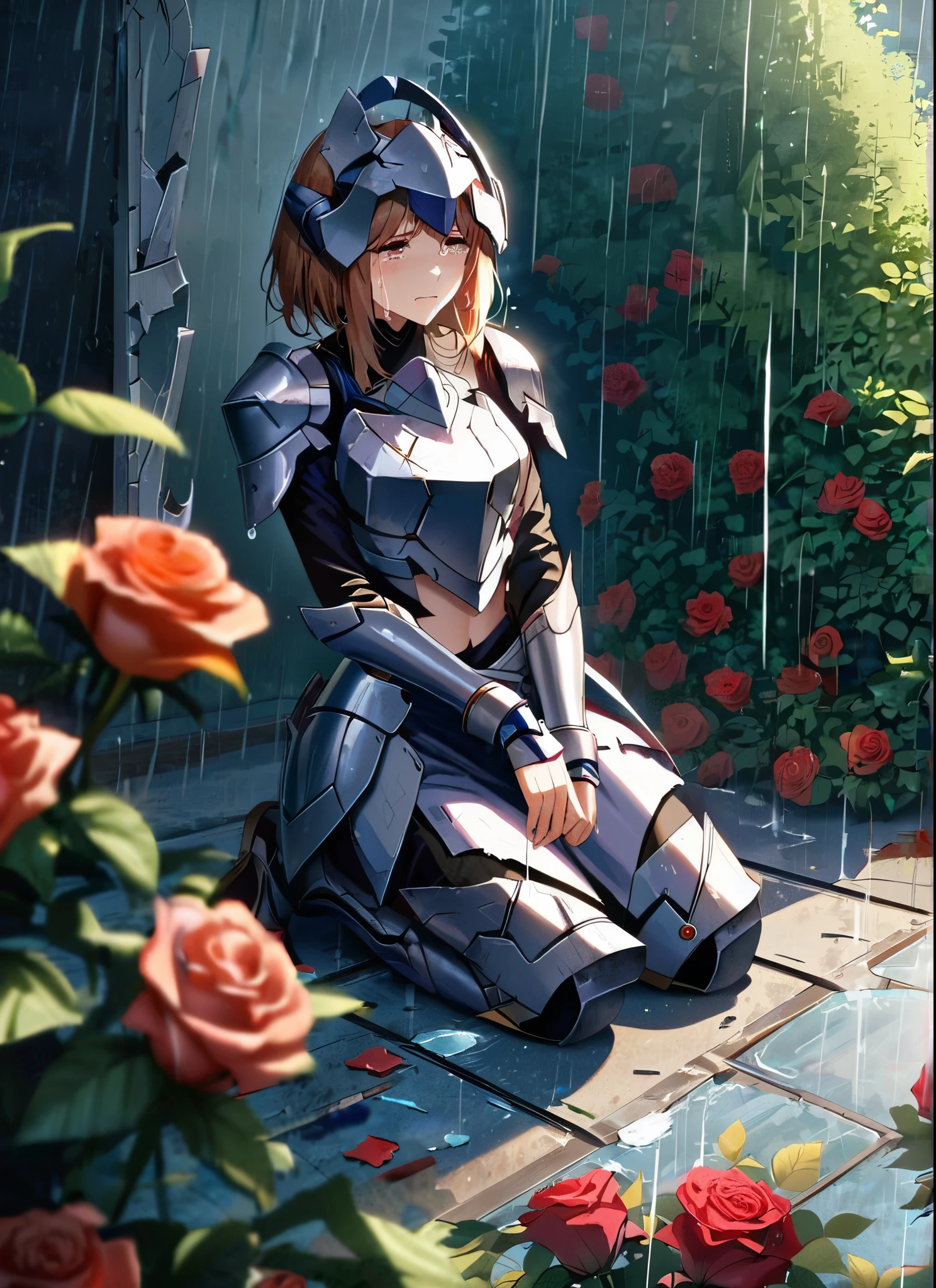 A girl, kneeling in the floor, wearing a shattered and broken  angelical soft armor, missing pieces ,ripped clothes, broken helmet ,broken shield  and broken sword, in tears, sad, dramatic scene, tears flowing in the face, garden, roses, rain, ultra detailed face 