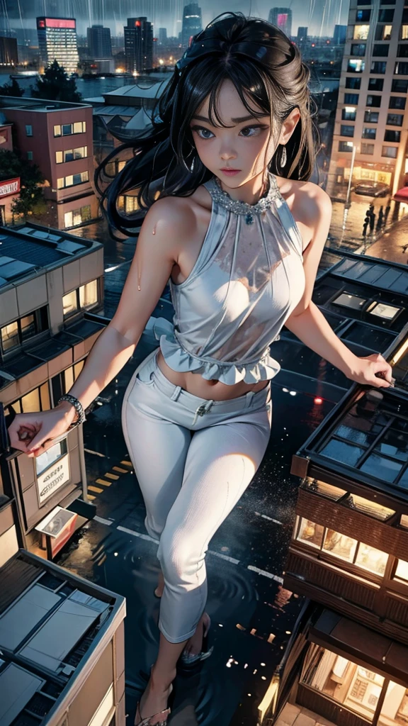 (32k, High resolution, highest quality, masterpiece, 超High resolution), (((Giantess Elements, Typhoon heavy rain))), From above, Perfect dynamic composition:1.2, (Modern city at night, Expressions of sadness:0.5), Highly detailed skin and facial textures:1.2, (Towering Giant Young Woman:1.0, Higher than skyscrapers:1.0, 65,000 feet tall:1.0, Incredibly slim body:1.0), Fair skin, Sexy beauty, Very beautiful face, , Water droplets on the skin, (The rain drips down on my body:0.5, Wet body:0.5, Wet Hair:0.5), (Wet white linen pants:1.0, Wet sleeveless blouse:1.0), Shapely breasts, Chest gap, Big eyes that exude beautiful eroticism, Lips that exude beautiful eroticism, necklace, Earrings, bracelet, wedding ring, Shoulder bag, clock, ribbon, Full body portrait, ((Destroy a small city, Burning Small City, rubble, Destroyed small building, Collapsed highway, Evacuated Residents)), (Major impact, Emphasizing the majesty and power of giants, Increase the destructive element, Lower the building, Making cities smaller)