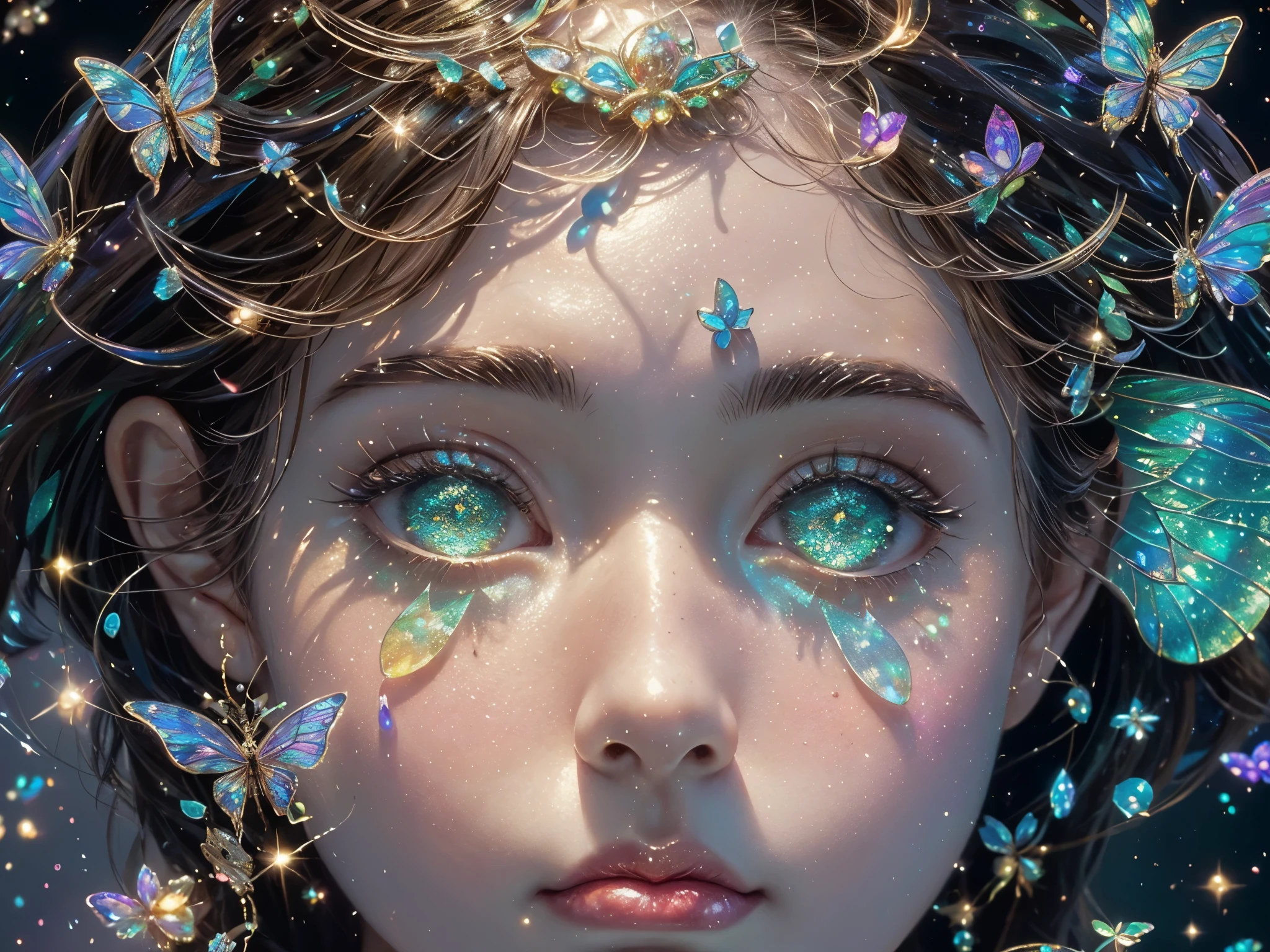 This is a realistic fantasy masterpiece with lots of shimmer, glitter, and intricate ornate detail. Generate one  woman with a beautiful and delicate crown sitting on a garden swing at night. She is a beautiful and seductive butterfly queen with stunning curly black hair, (((incredibly realistic and detailed dynamic eyes in bright colors with realistic shading))).  Her skin is translucent white, her eyes sparkle, and her dress is elegant. Her dress is spun of the finest gossamer silk with delicate, intricate, and subtle floral detailing and gold silk butterfly sleeves. Her face is lovely and . Include glow-in-the-dark flowers, lots of particles, highly realistic fantasy butteflies with translucent jewel-toned wings and fine detailing, and glow. The artwork is done in the style of Guviz and brings to mind masters in the genre such as trending fantasy works on Artstation and Midjourney. Camera: Utilize dynamic composition techniques to emphasize etherealness and delicate detail.