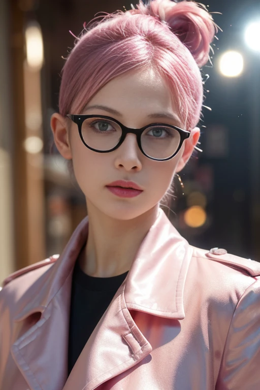 (Character: one french woman, pink shaved sides haircut )
(Clothing: pink trench coat, black shirt, glasses)
(pink color scheme, close-up, portrait)
(Background: dark alley at night:1.3, intense urban lights in background, dark, ominous) 
(Style: ((masterpiece:1.5)), (face detailed), photo-realistic:1.3, hyperrealistic, , high contrast, shiny skin, soft lighting, backlighting, bloom, light sparkles, chromatic aberration,)