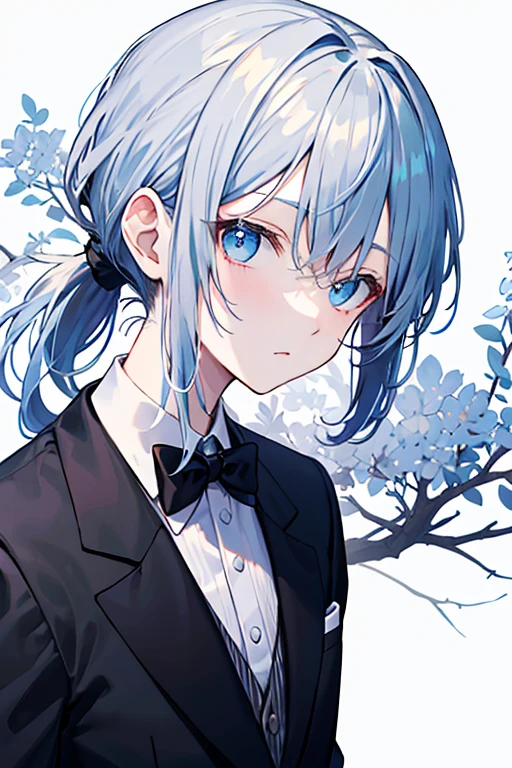 ponytail ponytailは長め Hair color is dark blue Blue eyes Looking at me Expressionless juvenile Upper Body In a black tuxedo ponytail juvenile