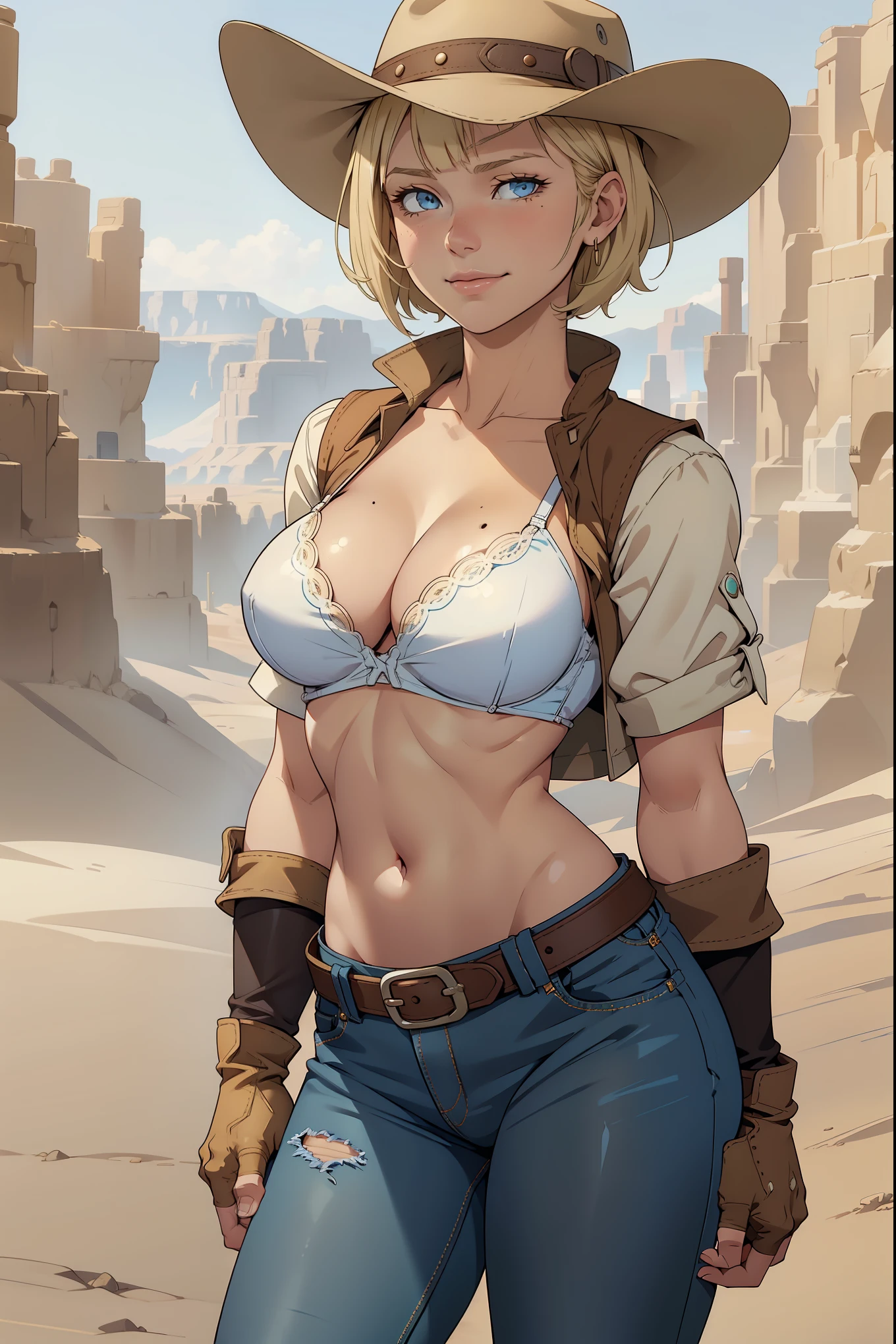 1girl, cowboy hat, white bra, green vest, no sleeves, navel, blue jeans, brown boots, fingerless gloves, short gloves, slight smile, short hair, blonde hair, parted bangs, blue eyes, mole under right eye, American Old West, sunny desert background, belt, best quality, masterpiece