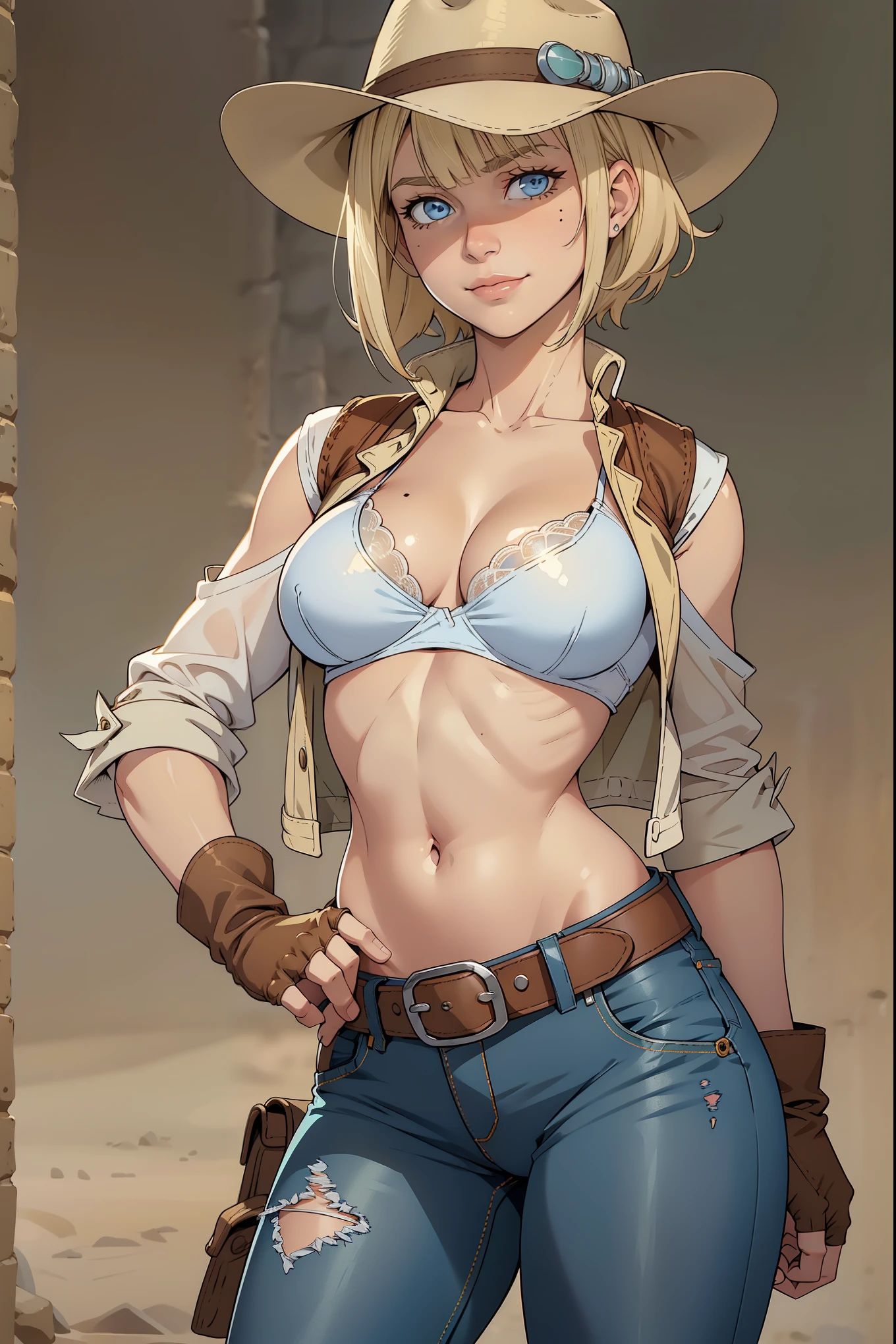 1girl, cowboy hat, white bra, green vest, no sleeves, navel, blue jeans, brown boots, fingerless gloves, short gloves, slight smile, short hair, blonde hair, parted bangs, blue eyes, mole under right eye, American Old West, sunny desert background, belt, best quality, masterpiece