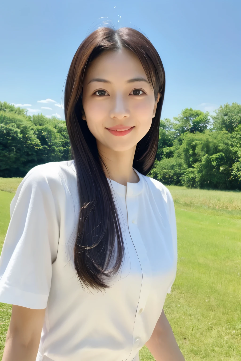 Skinny Japanese 40s woman, good wife, cute face, detailed face, detailed eyes, neat and clean, short-sleeve white shirt, walking along river, early summer, fine weather, clear sky, green fields, portrait