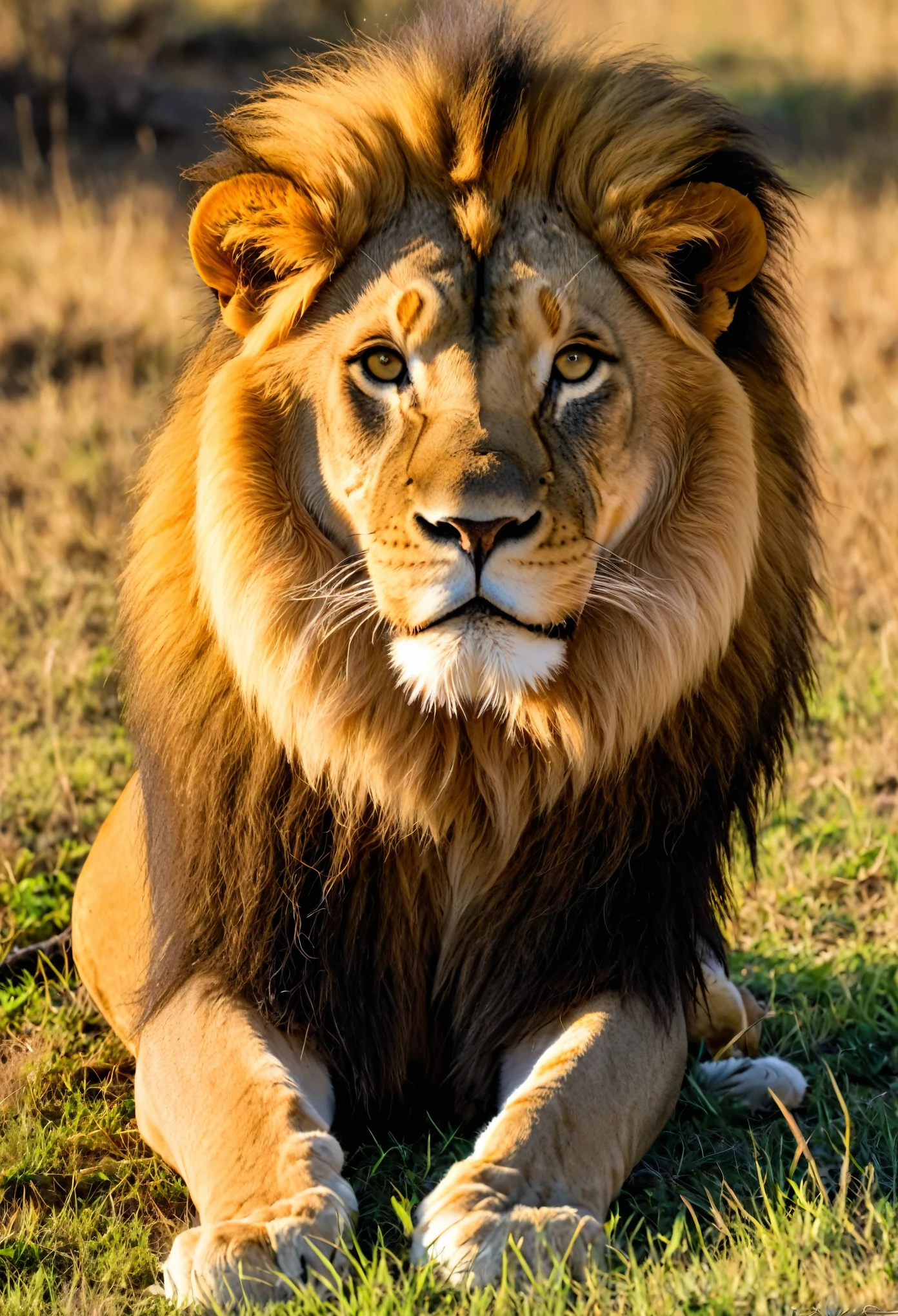 "Realistic photograph of a majestic lion. (({con a thick, melena dorada})), de pie en una pradera de sabana al atardecer, con (({Suave, The warm sunlight casts long shadows.})). The lion should be captured in close-up., usando un (({135mm+ lente})) para resaltar sus rasgos regias y su mirada intensa. El fondo debe consistir en hierba alta., acacias dispersas, y un horizonte lejano, dando una idea de la vasta naturaleza africana. The image must be in high resolution., con (({HDR lighting})) to highlight the details of the lion&#39;s fur and the environment around it.."