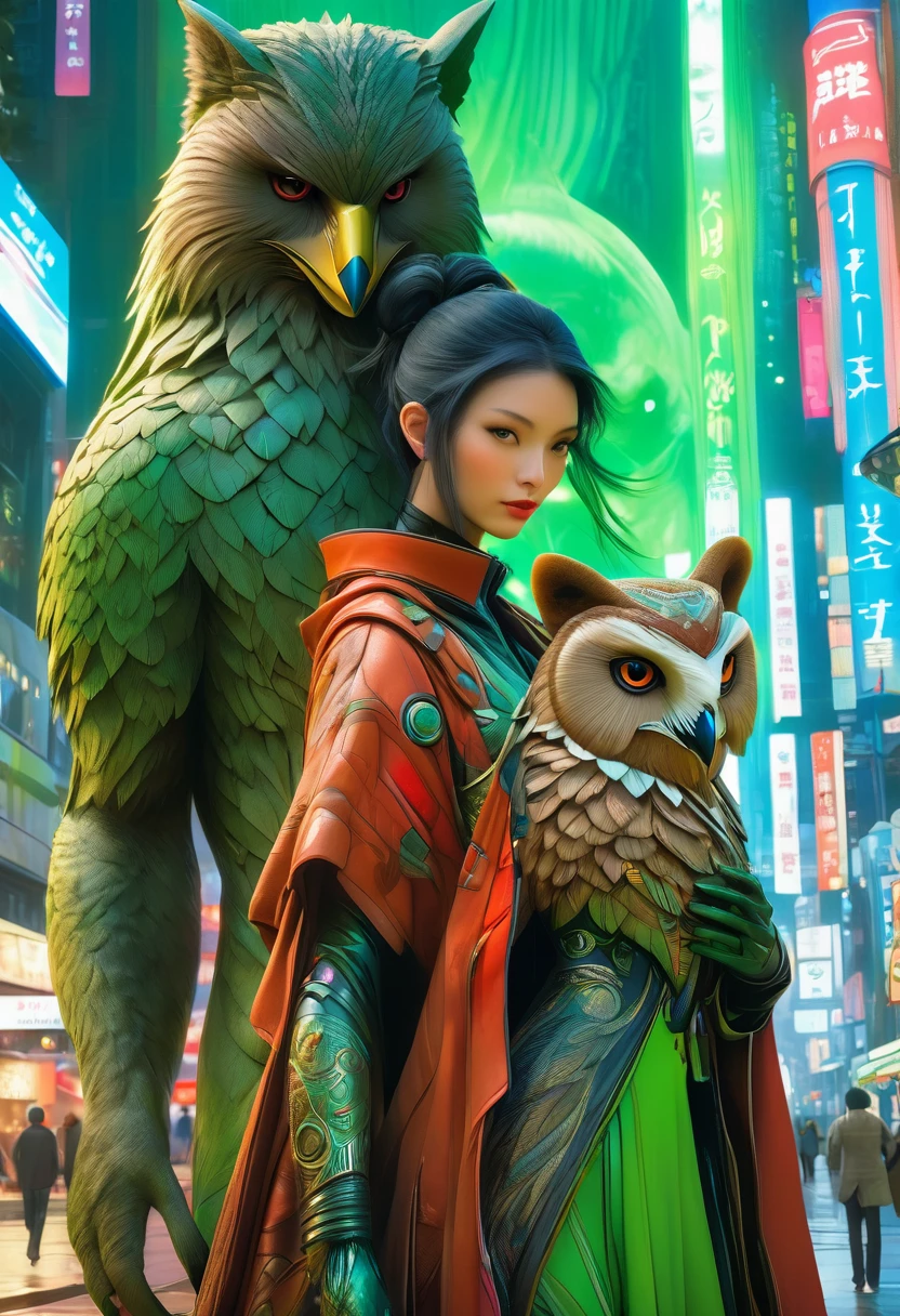 (best quality,4k,highres),(realistic,photorealistic:1.37),(Yoshitaka Amano style:1.1),SFW,(safe for work), A caucasian woman and her guardian familiar, mystical creature,otherworldly creature, kaiju-like,enchanting companions,wearing stylish futuristic clothes,inspired by Phantasy Star Online, graceful poses, (The woman, with her eyes brightly colored, no makeup and her caucasian facial features elegantly detailed, adding to her allure. Dressed in elegant casual clothes with a stylish futuristic jacket.), (She is accompanied by a guardian, a bear and owl mixed creature with exquisite anatomical features. The creature's face have extra eyes. The creature's presence adds a sense of wonder and magic to the scene.), (The woman and her companion stand in a vibrant and bustling city, a modern metropolis with bustling streets, and vibrant signs. The colors are vibrant, with a mixture of greens, browns, and pale reds creating a dreamlike atmosphere.), (The lighting is soft but illuminating, casting a gentle glow on both the woman and the creature.), (The overall composition has a realistic and photorealistic quality, capturing the essence of the scene in intricate detail.), (The art style is inspired by Yoshitaka Amano, known for his ethereal and otherworldly illustrations. The combination of realistic elements with the artist's unique style creates a captivating and visually stunning image.),Greg Rutkowski