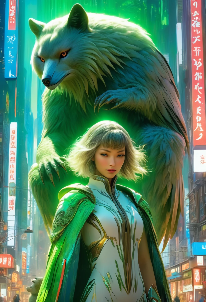 (best quality,4k,highres),(realistic,photorealistic:1.37),(Yoshitaka Amano style:1.1),SFW,(safe for work), A caucasian woman and her guardian familiar, mystical creature,otherworldly creature, kaiju-like,enchanting companions,wearing stylish futuristic clothes,inspired by Phantasy Star Online, graceful poses, (The woman, with her eyes brightly colored, no makeup and her caucasian facial features elegantly detailed, adding to her allure. Dressed in elegant casual clothes with a stylish futuristic jacket.), (She is accompanied by a guardian, a bear and owl mixed creature with exquisite anatomical features. The creature's face have extra eyes. The creature's presence adds a sense of wonder and magic to the scene.), (The woman and her companion stand in a vibrant and bustling city, a modern metropolis with bustling streets, and vibrant signs. The colors are vibrant, with a mixture of greens, browns, and pale reds creating a dreamlike atmosphere.), (The lighting is soft but illuminating, casting a gentle glow on both the woman and the creature.), (The overall composition has a realistic and photorealistic quality, capturing the essence of the scene in intricate detail.), (The art style is inspired by Yoshitaka Amano, known for his ethereal and otherworldly illustrations. The combination of realistic elements with the artist's unique style creates a captivating and visually stunning image.),Greg Rutkowski