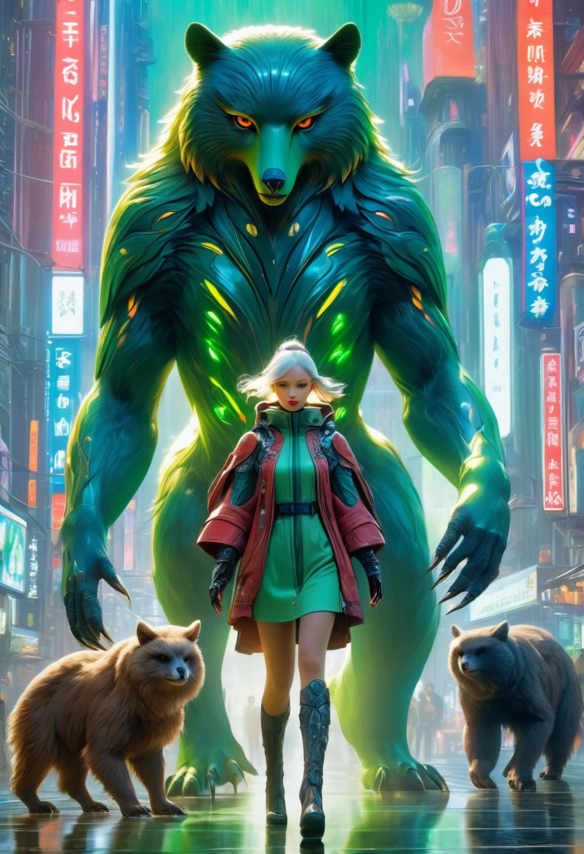 (best quality,4k,highres),(realistic,photorealistic:1.37),(Yoshitaka Amano style:1.1),SFW,(safe for work), A caucasian woman and her guardian familiar, mystical creature,otherworldly creature, kaiju-like,enchanting companions,wearing stylish futuristic clothes,inspired by Phantasy Star Online, graceful poses, (The woman, with her eyes brightly colored, no makeup and her caucasian facial features elegantly detailed, adding to her allure. Dressed in elegant casual clothes with a stylish futuristic jacket.), (She is accompanied by a guardian, a bear and owl mixed creature with exquisite anatomical features. The creature's face have extra eyes. The creature's presence adds a sense of wonder and magic to the scene.), (The woman and her companion stand in a vibrant and bustling city, a modern metropolis with bustling streets, and vibrant signs. The colors are vibrant, with a mixture of greens, browns, and pale reds creating a dreamlike atmosphere.), (The lighting is soft but illuminating, casting a gentle glow on both the woman and the creature.), (The overall composition has a realistic and photorealistic quality, capturing the essence of the scene in intricate detail.), (The art style is inspired by Yoshitaka Amano, known for his ethereal and otherworldly illustrations. The combination of realistic elements with the artist's unique style creates a captivating and visually stunning image.),Greg Rutkowski