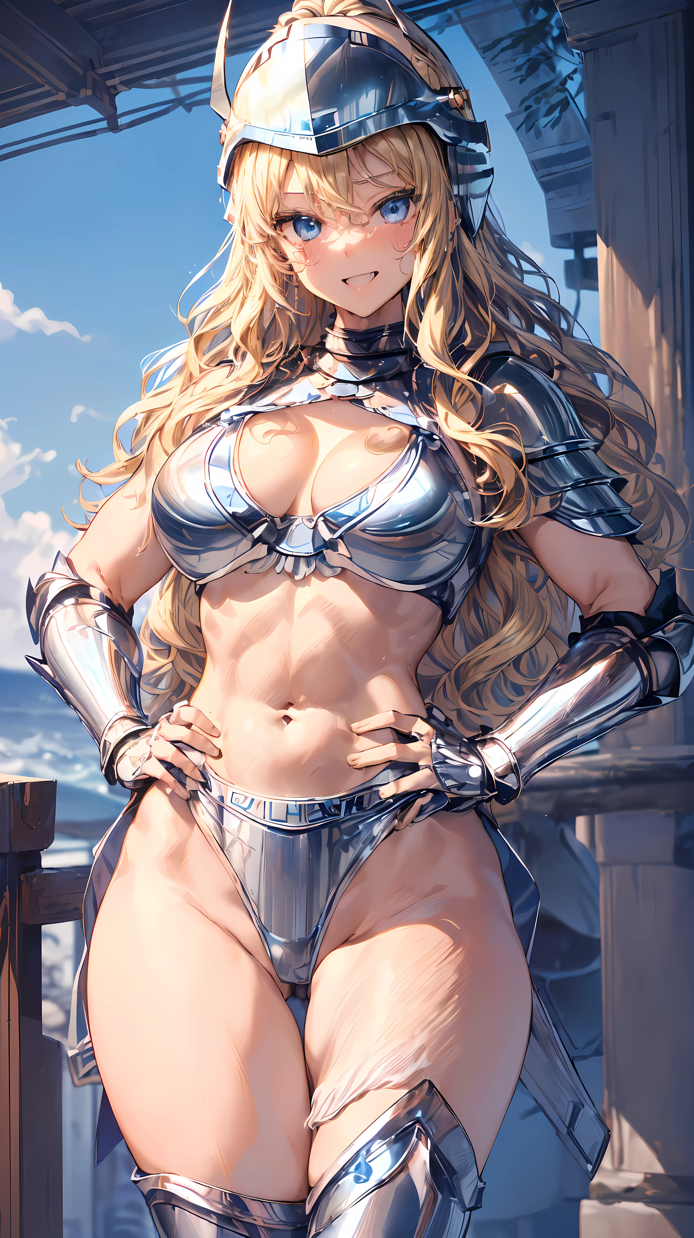 Very detailed、highest quality、Best image quality、masterpiece、8k、Anime Face、A kind smile、(Open your mouth:1.5)、Sparkling blue eyes、(Blonde wavy hair:1.5)、、Muscles of the whole body、Thigh belt、(Wearing silver bikini armor:1.5)、(Cowboy Shot:1.5)、(Leg armor:1.5)、(Wearing a helmet:1.5)、(Hands on hips:1.5)