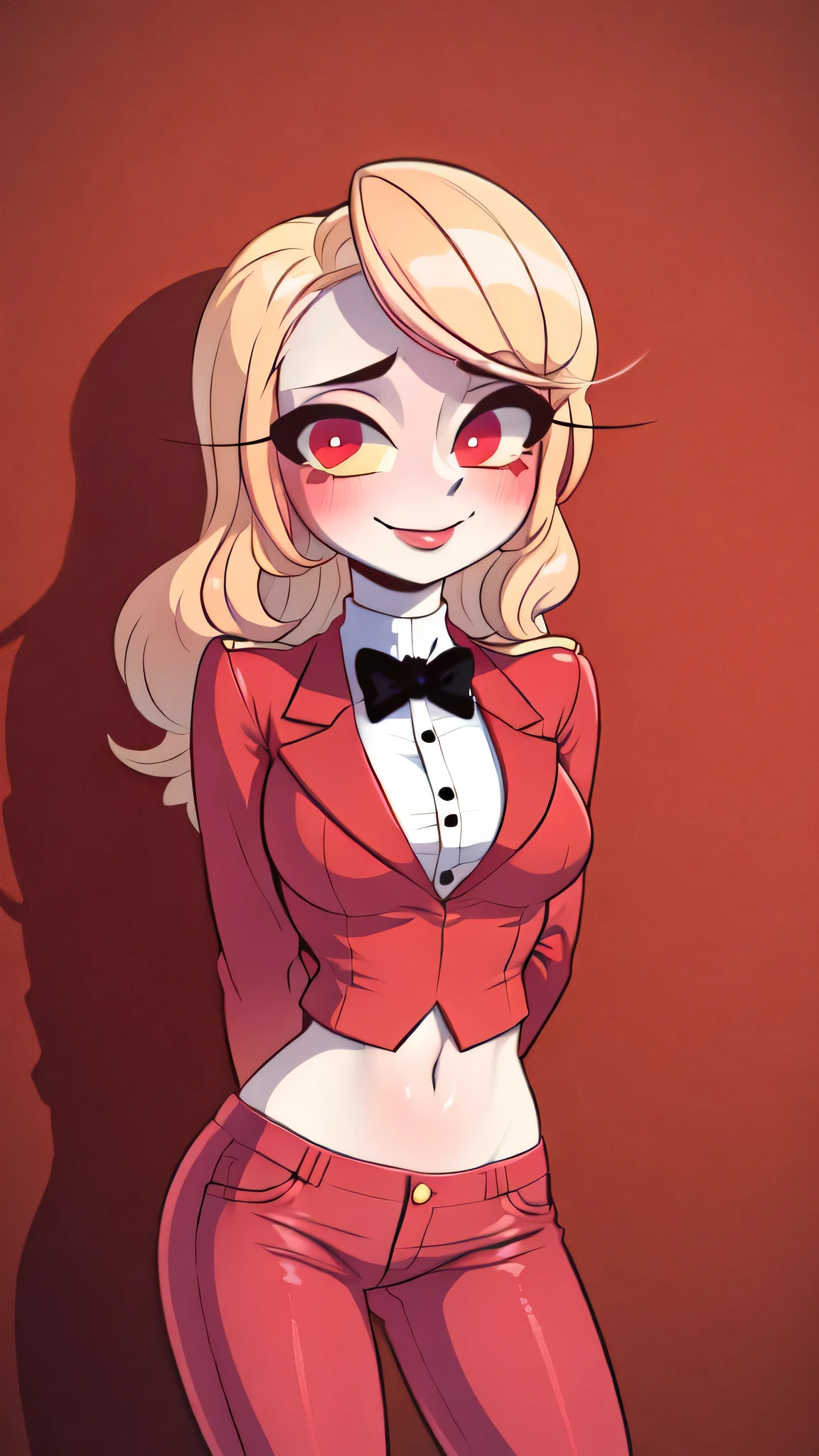 (masterpiece, best quality:1.2), solo, 1girl, charlie morningstar, colored skin, smile, looking at viewer, arms behind back, colored sclera, red jacket, bowtie, red pants