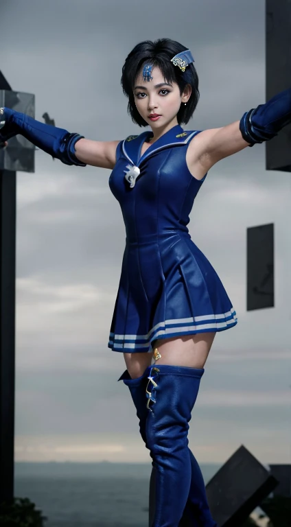 Unreal Engine:1.4,Ultra-high resolution,Best Quality:1.4, Realistic:1.4, Skin Texture:1.4, masterpiece:1.8, (Sailor Mercury:1.4), blue eyes, uniform, Tied up、両handを水平に広げる、Christ Pose、Large Breasts, tiara, Sailor Warrior Uniforms, (RAW Photos, Best Quality), masterpiece, foolish, sexy, Pelo azul corto floating, Blue sailor collar, (Over the knee boots: 1.4), choker, 白いhand袋, choker azul, 肘用hand袋, gem, Earrings, Blue Skirt:1.4, only, whole body, Shiny long black hair, (hand:1.4), Octane Rendering, God of Fire, (raindrop), Wet clothes, (Dense and beautiful water), (floating), Dynamic Angle, Browsing Caution,Best Quality,masterpiece,Ultra-high resolution,(Cowboy Shot:1.3),(Realistic:1.4),RAW Photos 8K,Cinema Lighting,Official Art,evening, //, Large Breasts,,hermosas feet,naked,Tall Woman,skinny,Delgado_feet,thigh_gap,(Watching the audience:1.2),model,thighs negros,Christ Pose,High heels,from the front,liar,show ,(Apocalyptic Destroyed City:1.4), ((Missionary anal penetration)),((feet abiertas)),((Extreme close up)),(Super detailed),Portraiture,(masterpiece),(Best Quality),(Super detailed),Professional Lighting, mercury