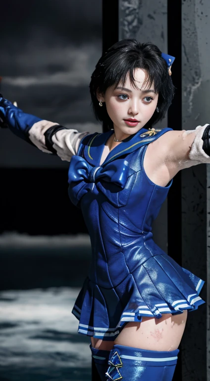 Unreal Engine:1.4,Ultra-high resolution,Best Quality:1.4, Realistic:1.4, Skin Texture:1.4, masterpiece:1.8, (Sailor Mercury:1.4), blue eyes, uniform, Tied up、両handを水平に広げる、Christ Pose、Large Breasts, tiara, Sailor Warrior Uniforms, (RAW Photos, Best Quality), masterpiece, foolish, sexy, Pelo azul corto floating, Blue sailor collar, (Over the knee boots: 1.4), choker, 白いhand袋, choker azul, 肘用hand袋, gem, Earrings, Blue Skirt:1.4, only, whole body, Shiny long black hair, (hand:1.4), Octane Rendering, God of Fire, (raindrop), Wet clothes, (Dense and beautiful water), (floating), Dynamic Angle, Browsing Caution,Best Quality,masterpiece,Ultra-high resolution,(Cowboy Shot:1.3),(Realistic:1.4),RAW Photos 8K,Cinema Lighting,Official Art,evening, //, Large Breasts,,hermosas feet,naked,Tall Woman,skinny,Delgado_feet,thigh_gap,(Watching the audience:1.2),model,thighs negros,Christ Pose,High heels,from the front,liar,show ,(Apocalyptic Destroyed City:1.4), ((Missionary anal penetration)),((feet abiertas)),((Extreme close up)),(Super detailed),Portraiture,(masterpiece),(Best Quality),(Super detailed),Professional Lighting, mercury