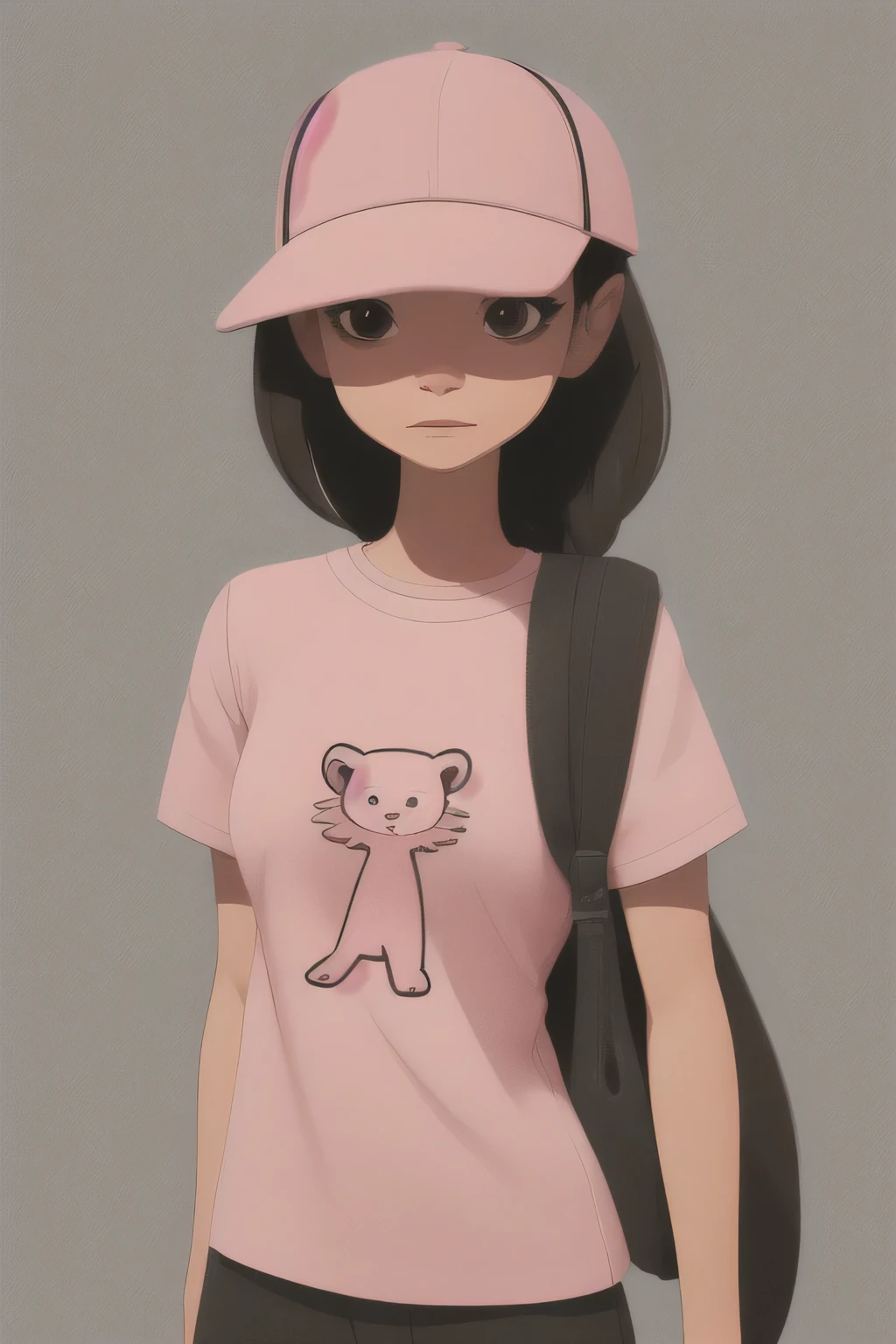 sd mai, flat illustration, woman wearing houndstooth pink T-shirt, ballcap || sd mai, flat illustration, masterpiece, 8k, high resolution, shallow depth of field, sharp focus