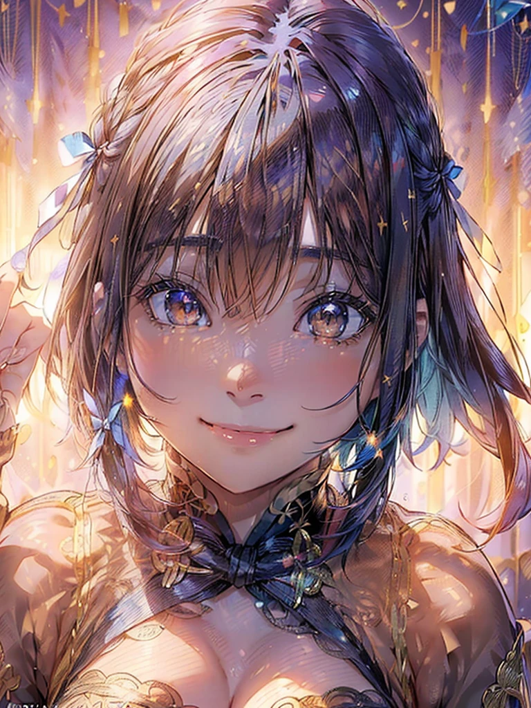 magician human、One woman,Bewitching smile, (rainbow hair:1.4),((short twintails,Ribbon 1.4)),(Blue Butterfly Hair Ornament 1.3)、Futuristic magic square on night background with bright lights and bright moonlight、(masutepiece:1.3), (8K, realistic magic square(1.8),(8K, Photorealsitic, Raw photo, Best Quality: 1.4), Beautiful face, (Realistic face), Beautiful detailed eyes, (Realistic skin), Attractive, Intricate details,Golden ratio,,Dynamic Pose,Dynamic Angle,Intricate details, Hyper realistic、only face、A smile、Smiling、Face enhancement